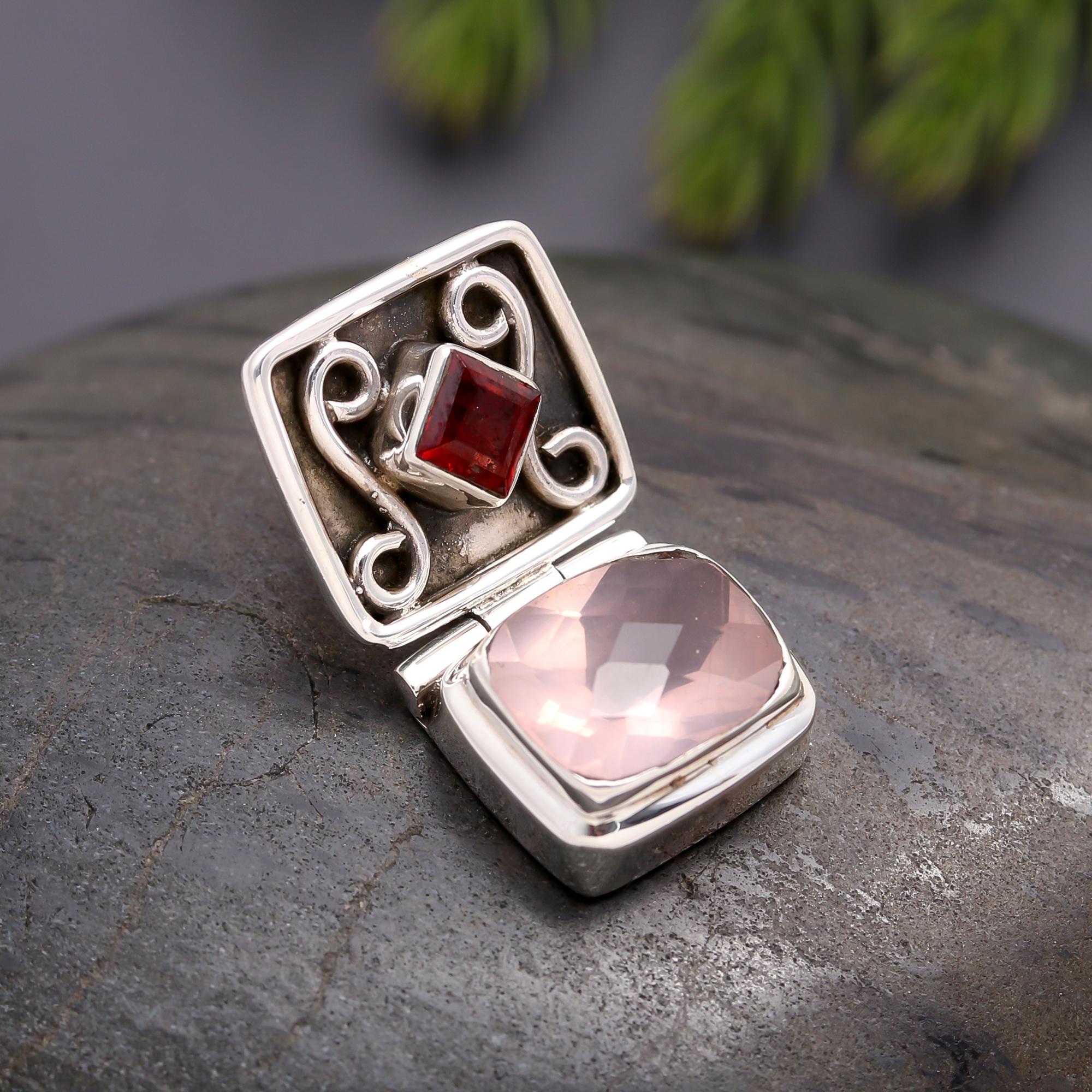 925 Silver Rose Quartz and Garnet Locket Pendant