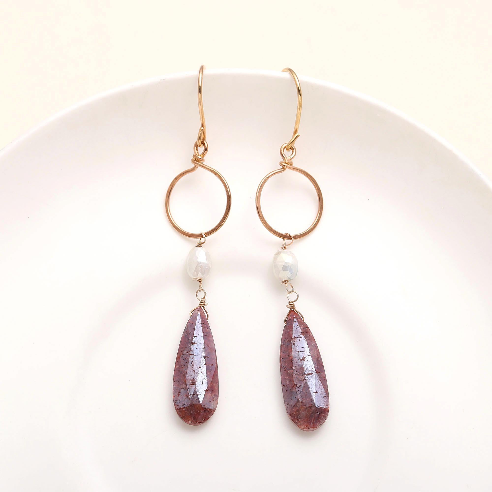 The Red Earth: Sunstone & Gold Circle Earrings