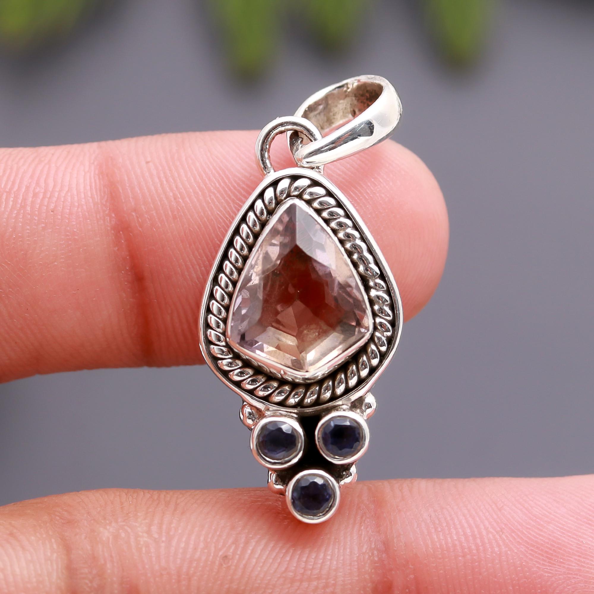 925 Silver Rose Quartz and Iolite Pendant