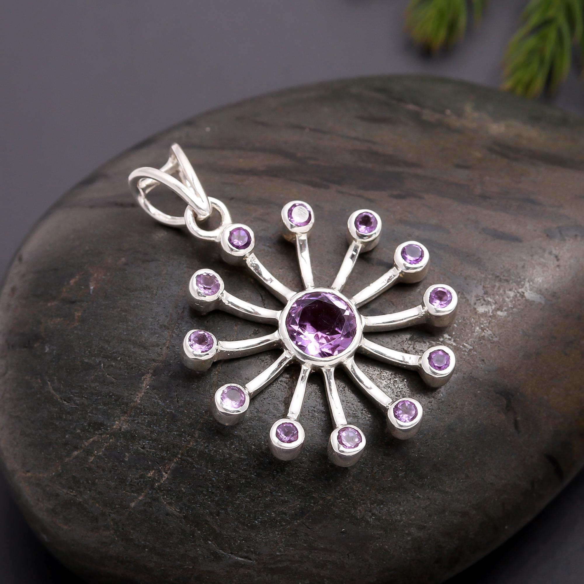 925 Silver Amethyst Sunburst Pendant