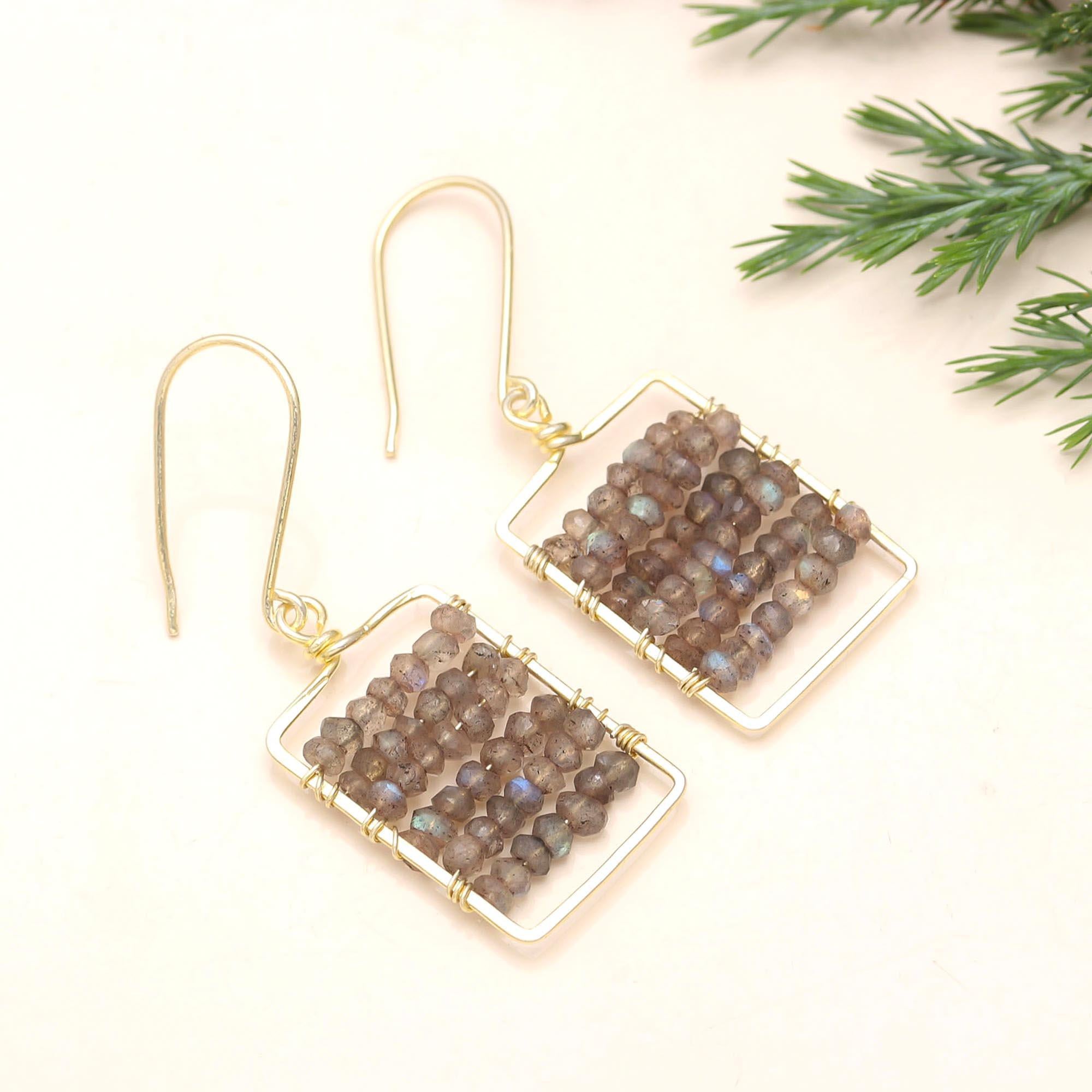 The Grey Weave: Beaded Labradorite Geometric Earrings
