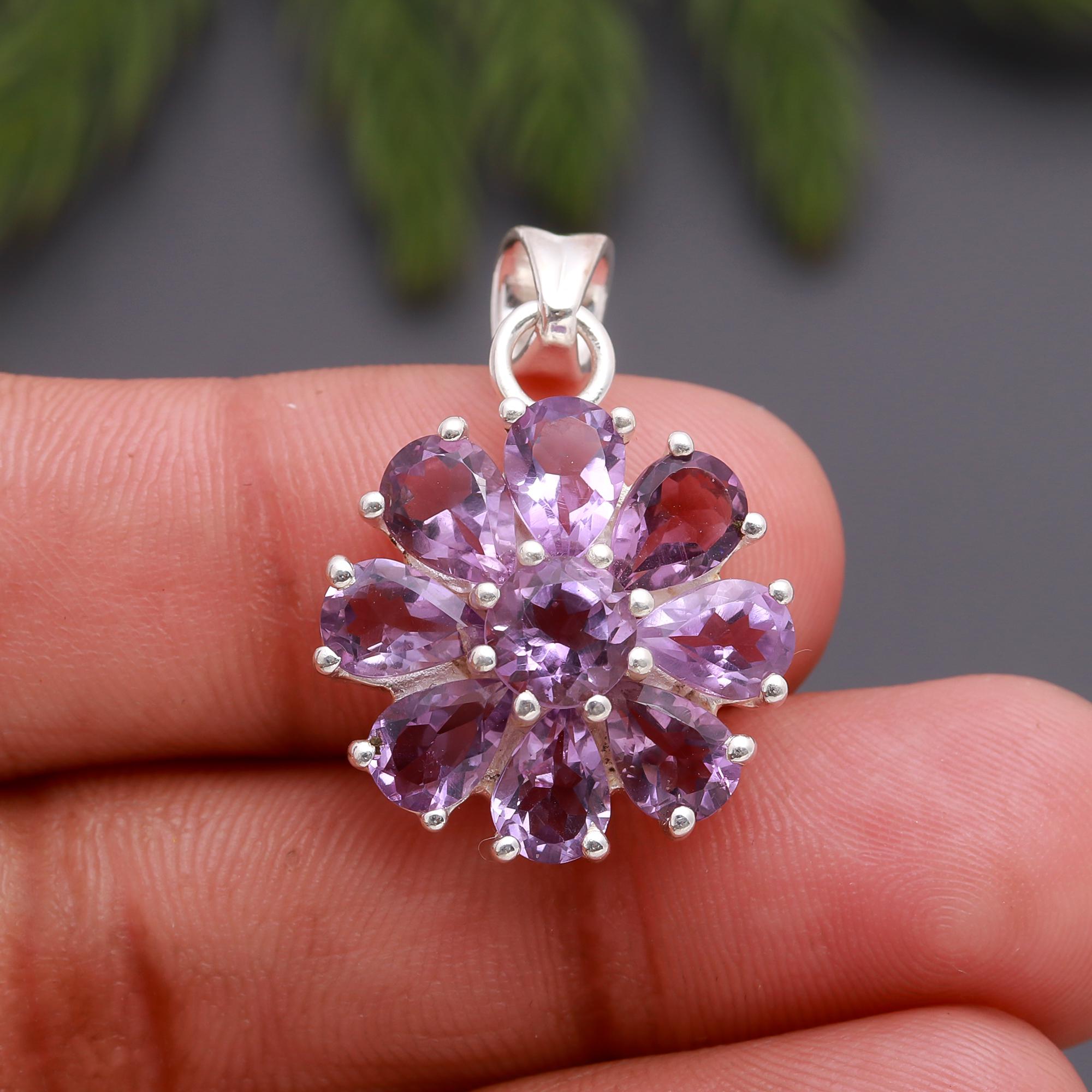925 Silver Amethyst Floral Pendant