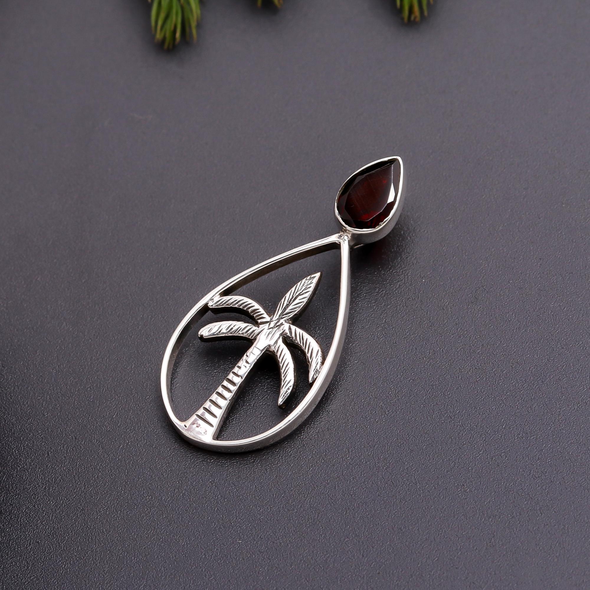 925 Silver Garnet Palm Tree Pendant