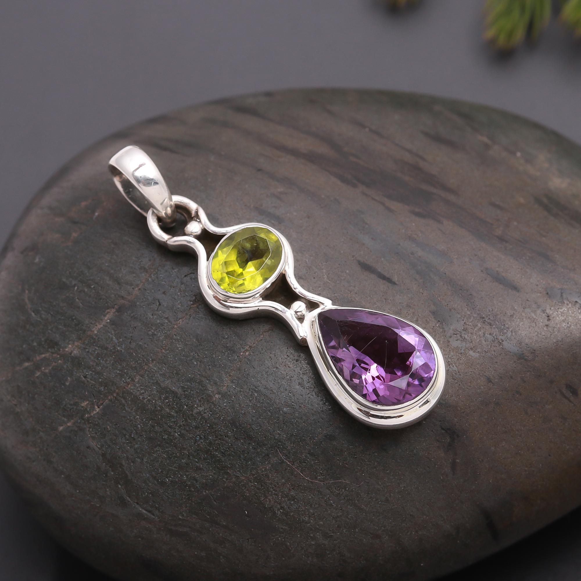 925 Silver Peridot and Amethyst Pendant