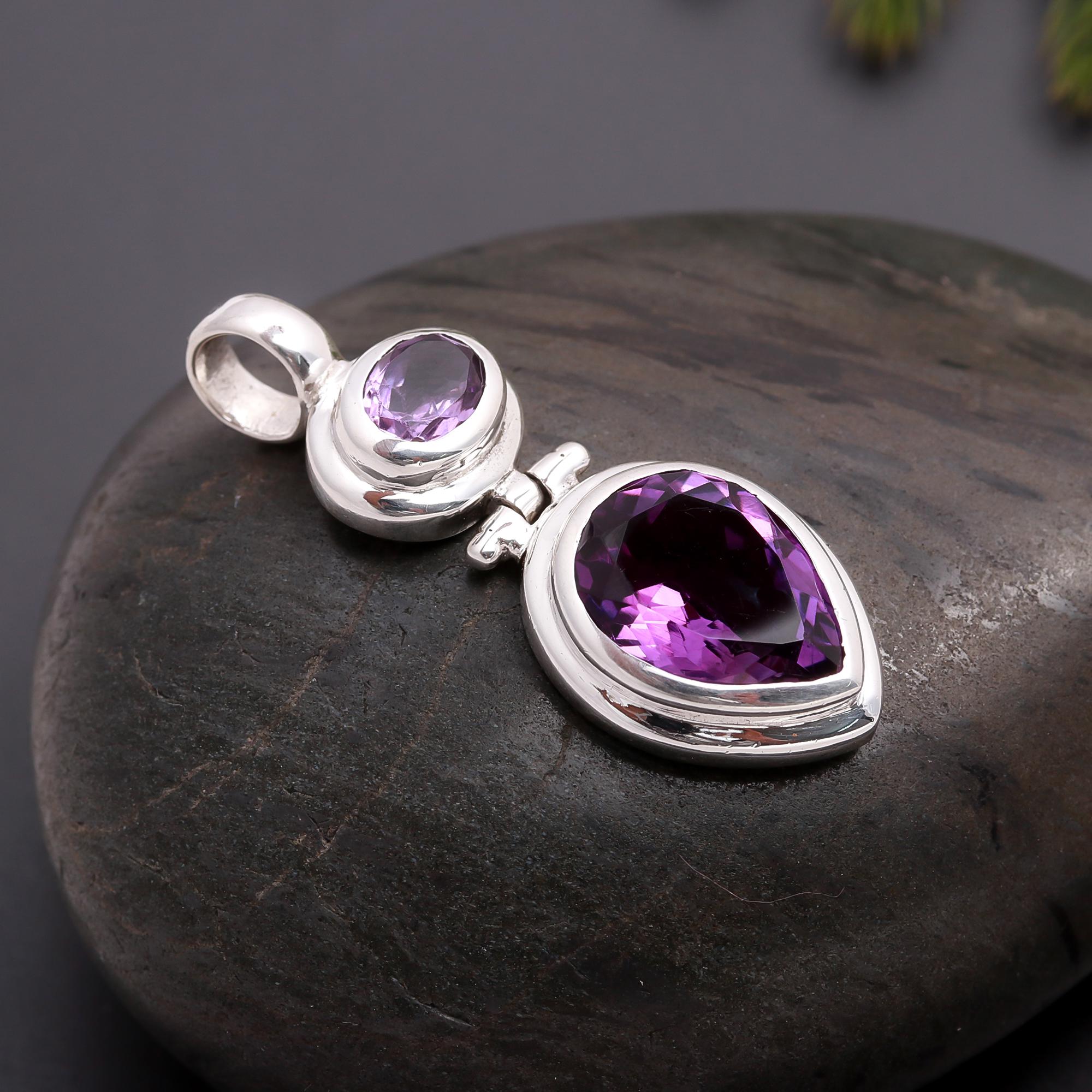 925 Silver Double Amethyst Pendant