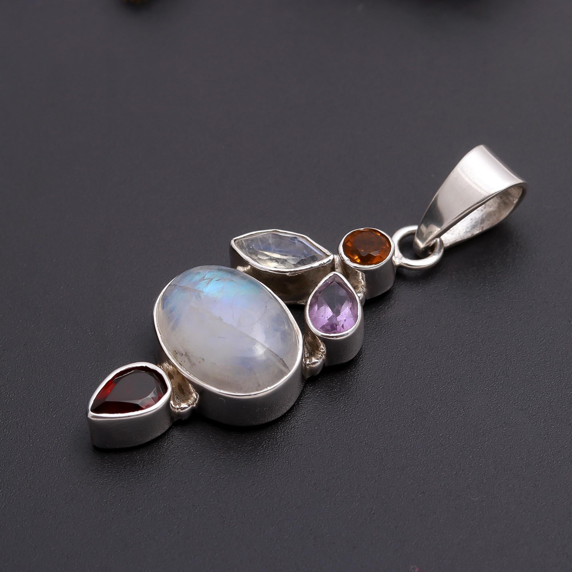 The Celestial Harmony: Moonstone & Multi-Gemstone Silver Pendant
