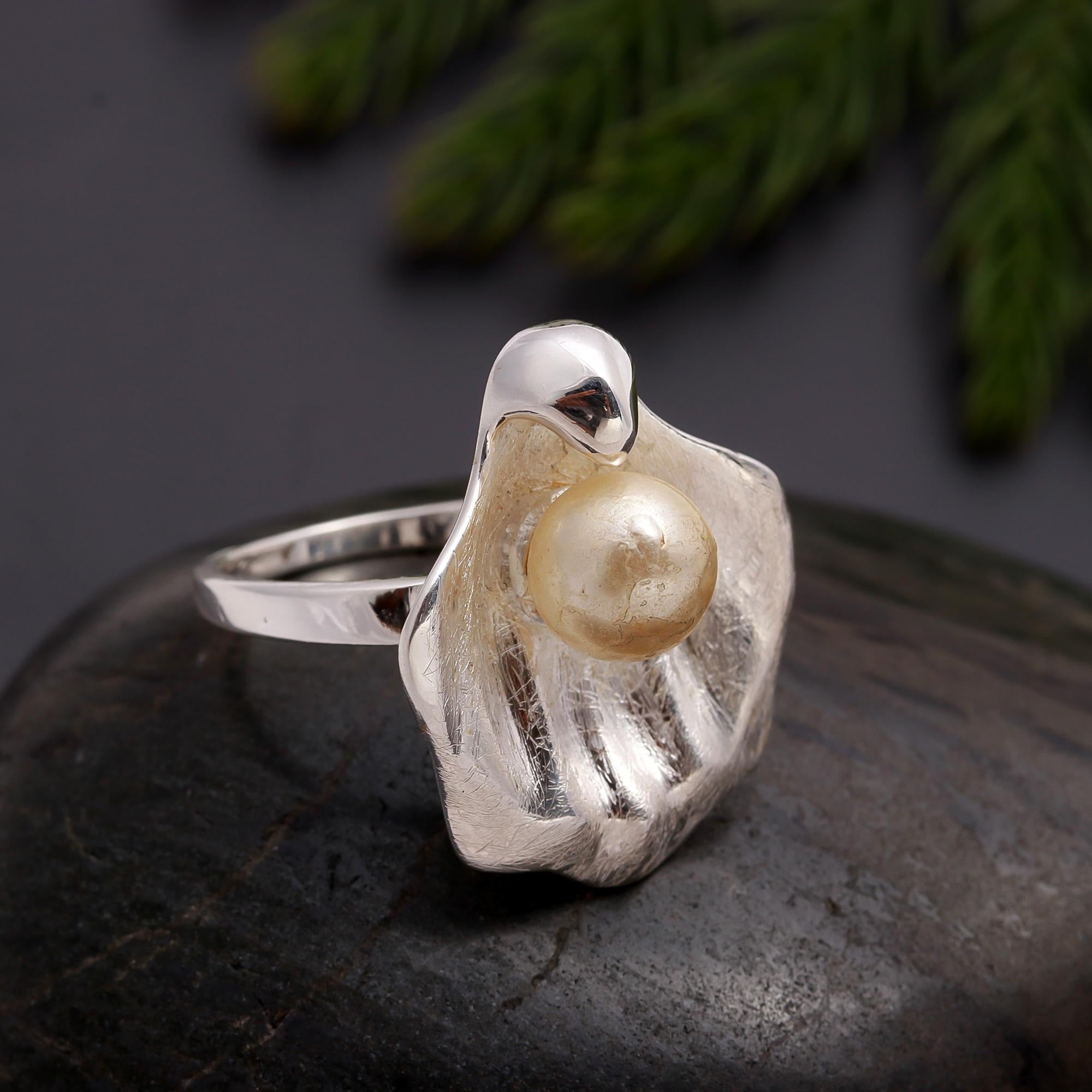 925 Silver Golden Pearl Ring