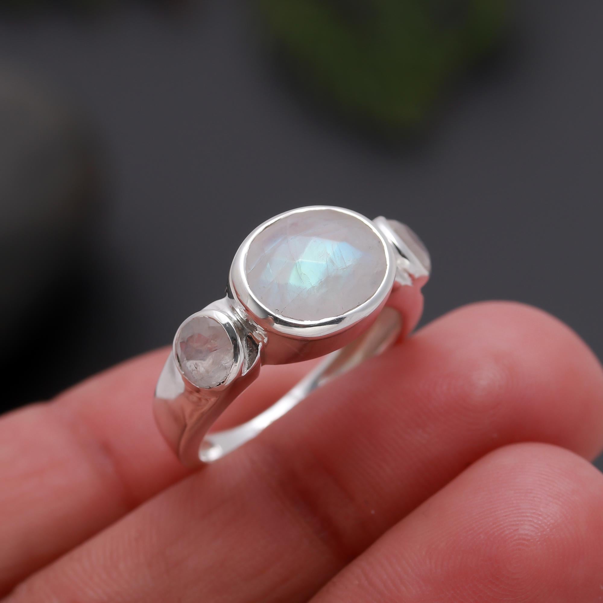 925 Silver Three Stone Moonstone Ring