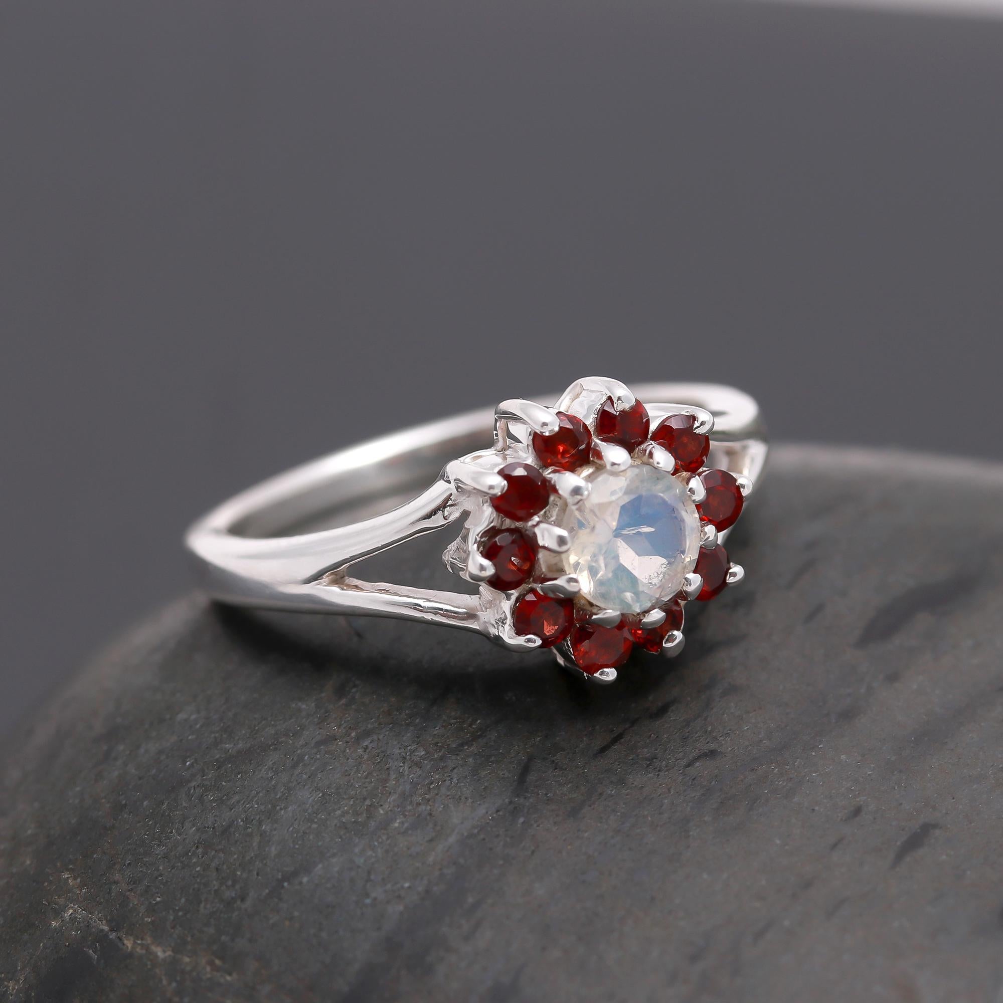 The Celestial Bloom: Moonstone & Garnet Floral Ring