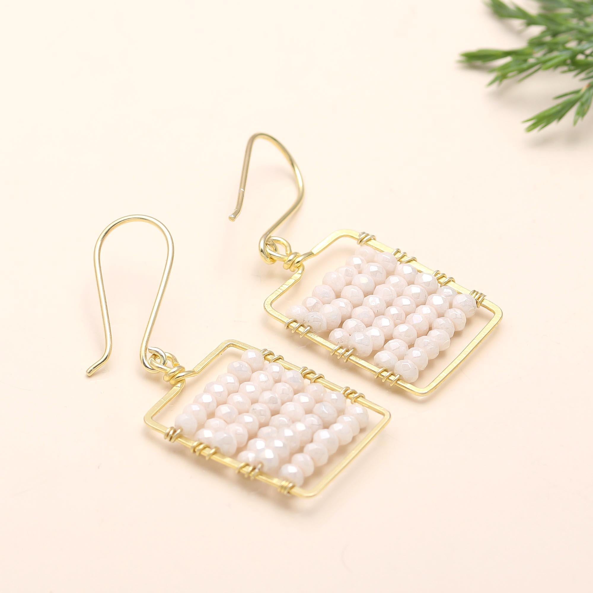 The Ivory Weave: Gold & White Beaded Geometric Earrings