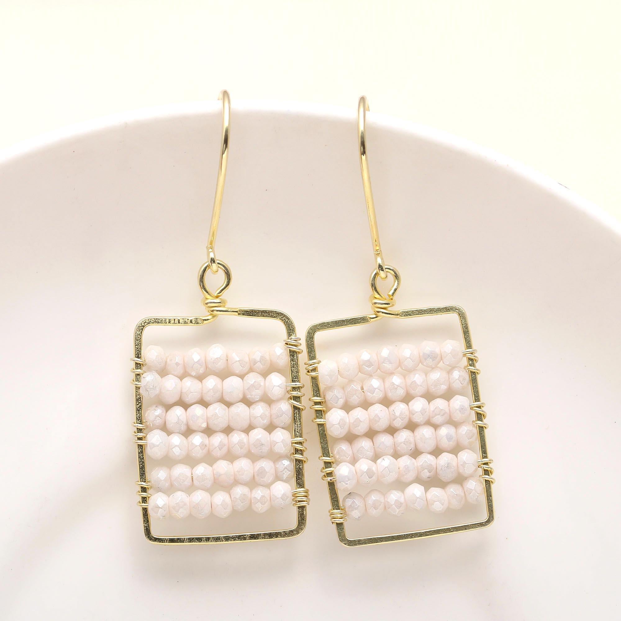 The Ivory Weave: Gold & White Beaded Geometric Earrings