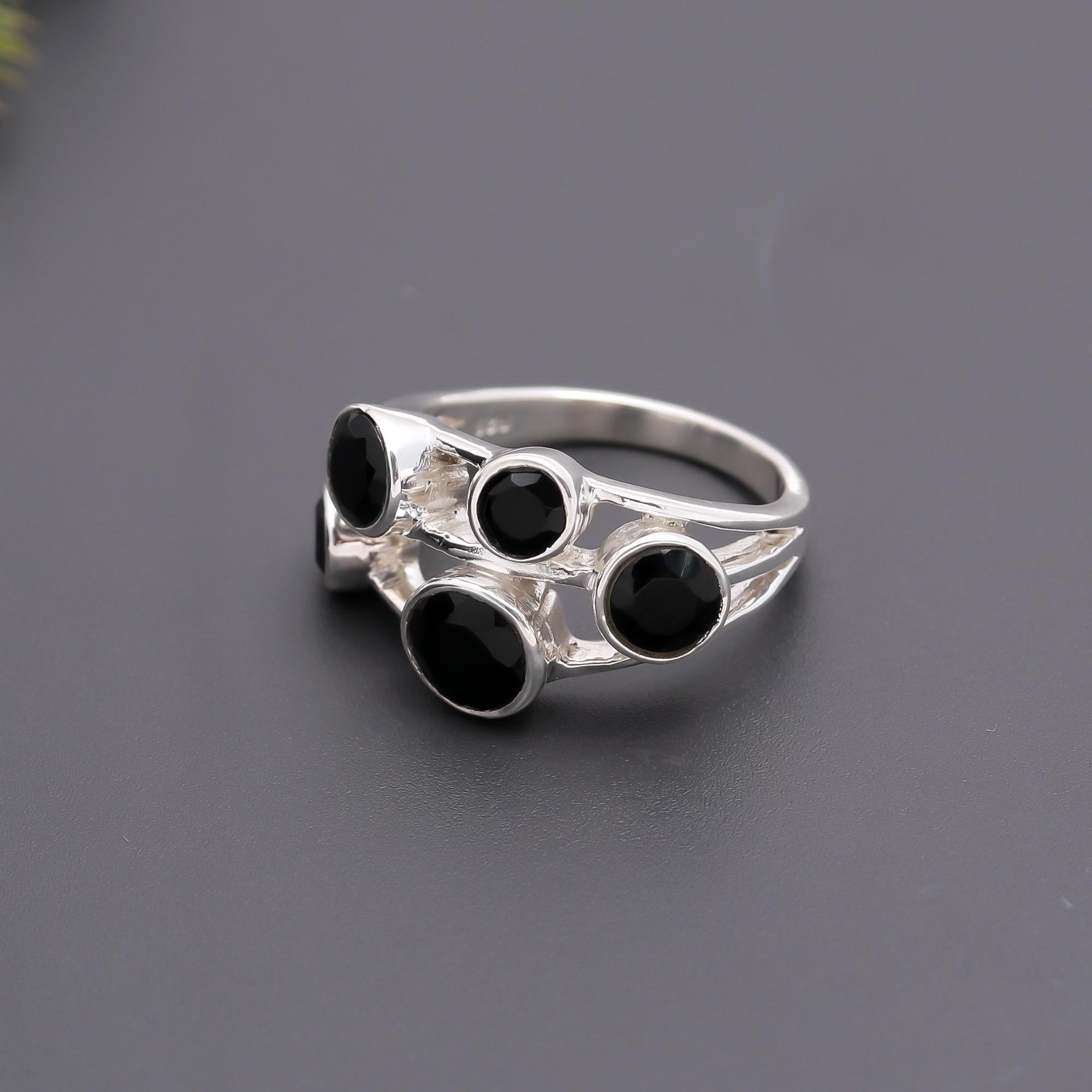 925 Silver Black Onyx Cluster Ring