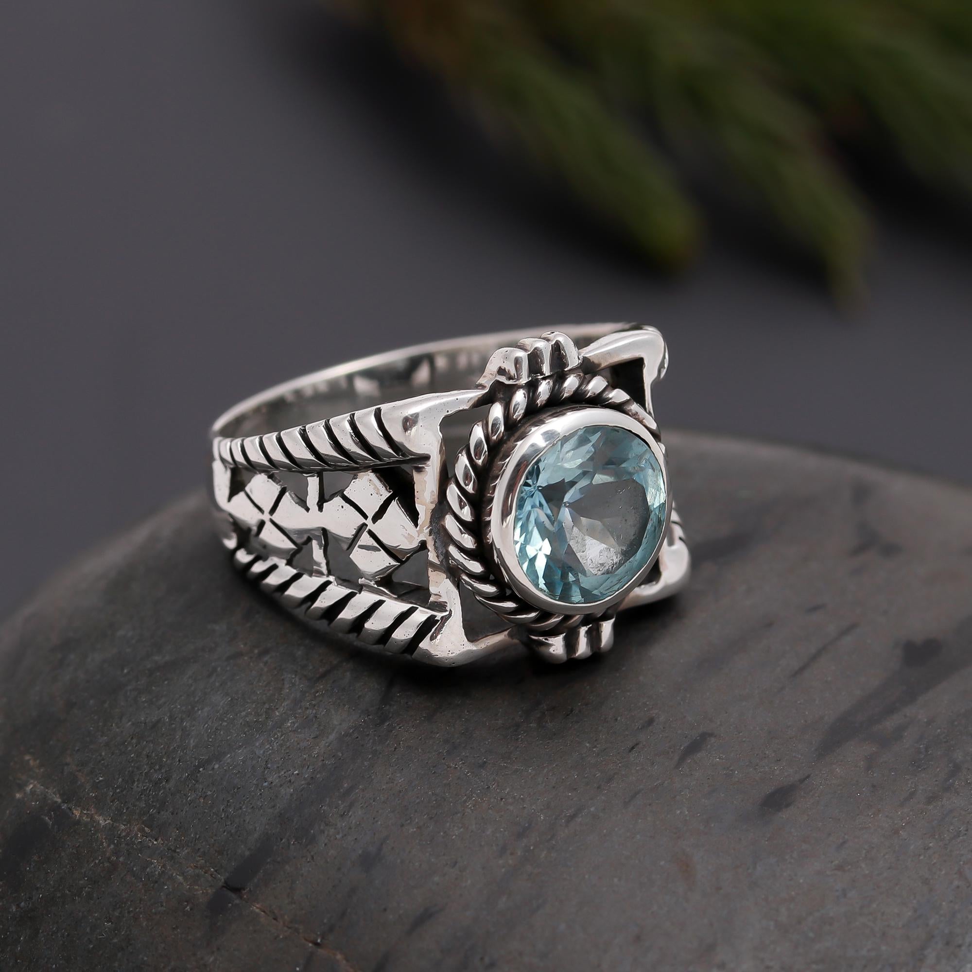 925 Silver Blue Topaz Boho Ring