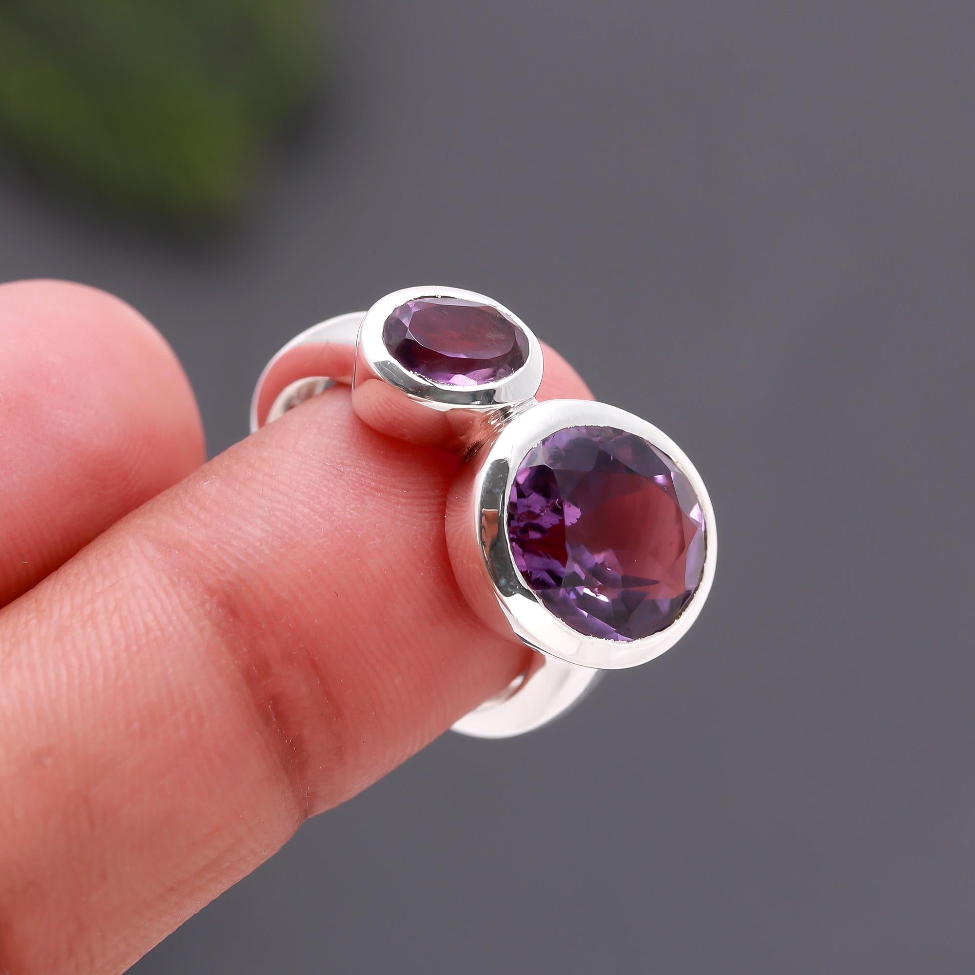 925 Silver Double Amethyst Ring