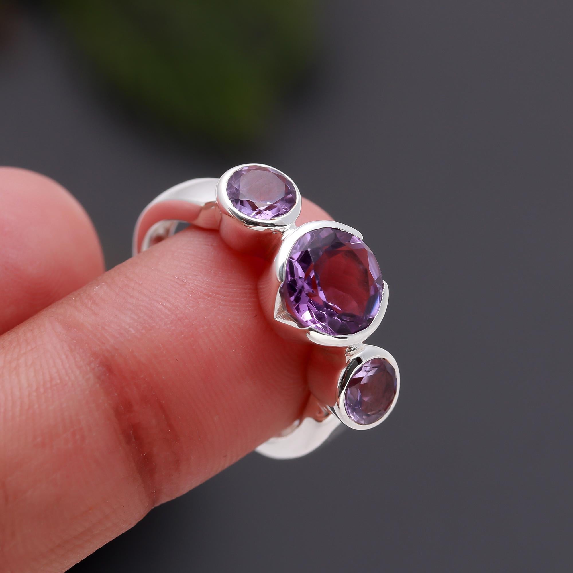 925 Silver Triple Amethyst Ring