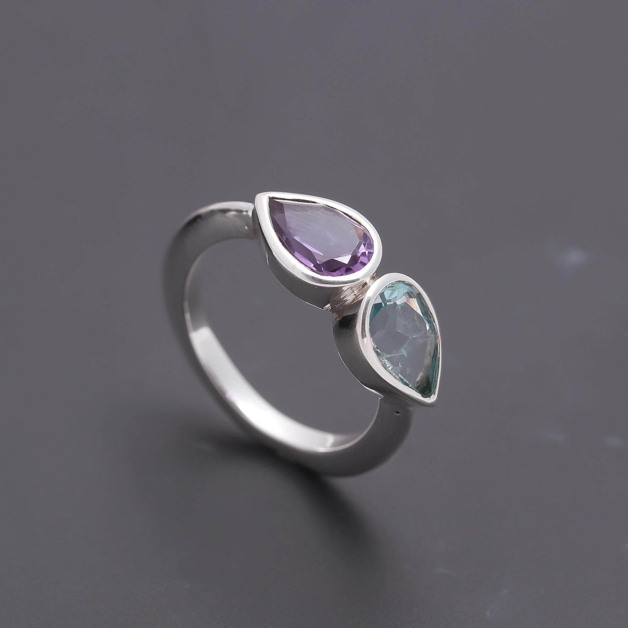 925 Silver Amethyst and Aquamarine Ring