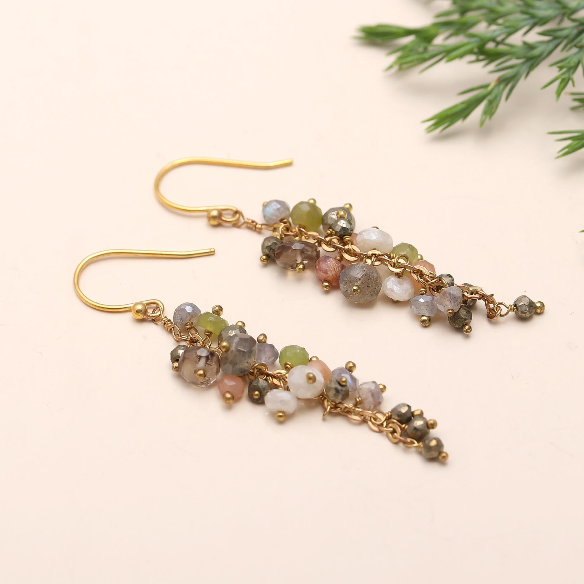 Brass Multi-Cluster Gemstone Dangle Earrings