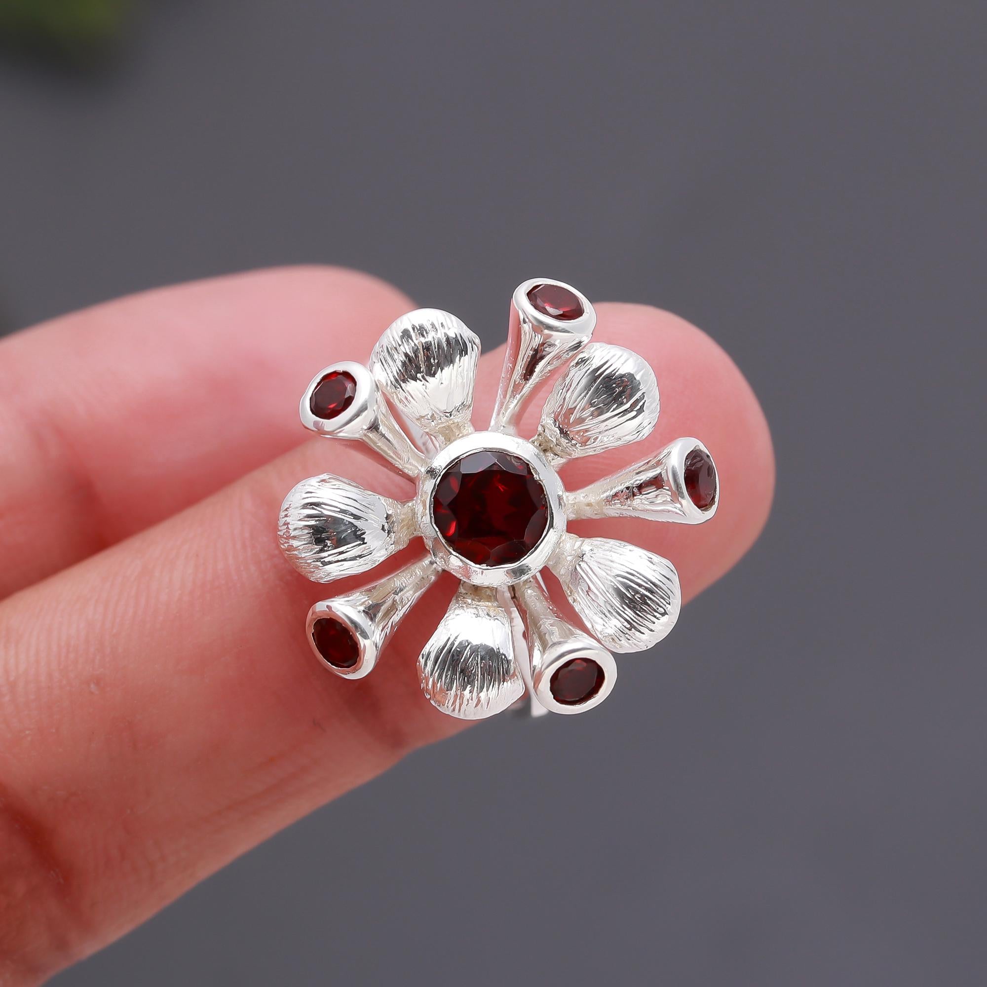 925 Silver Floral Garnet Ring