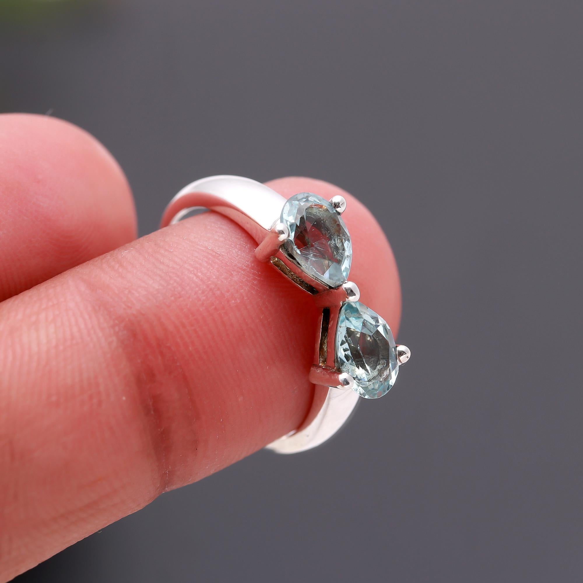 925 Silver Open Band Aquamarine Dual Stone Ring