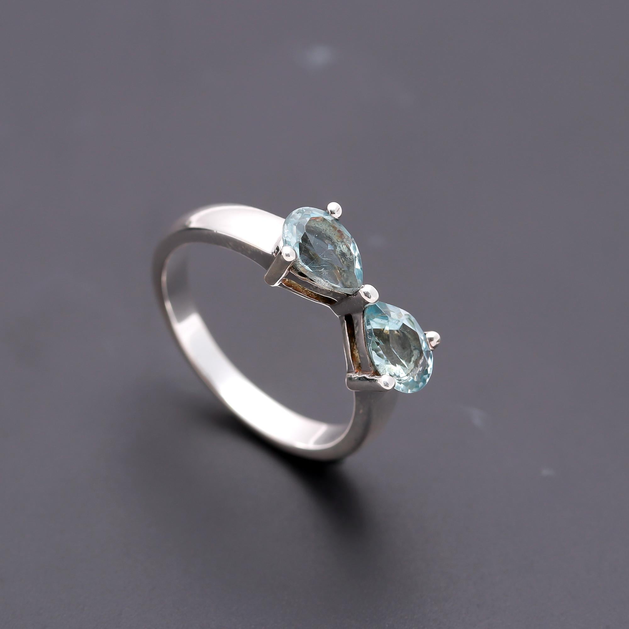 925 Silver Open Band Aquamarine Dual Stone Ring