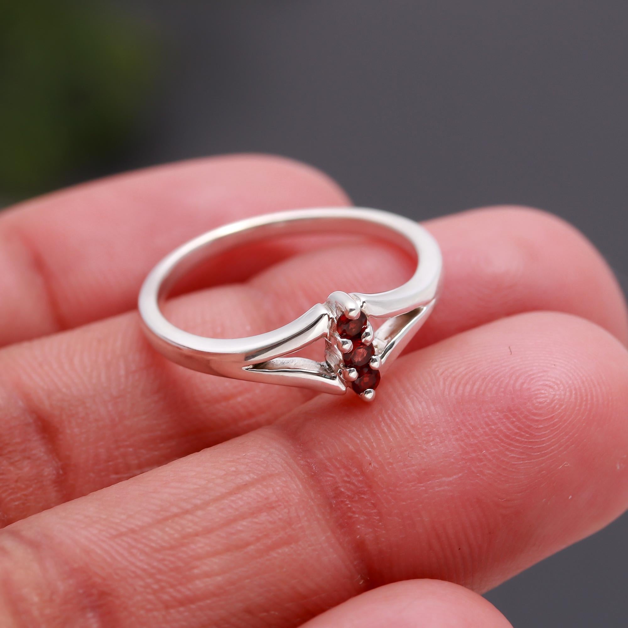 925 Silver Petite Marquise Garnet Trio Ring