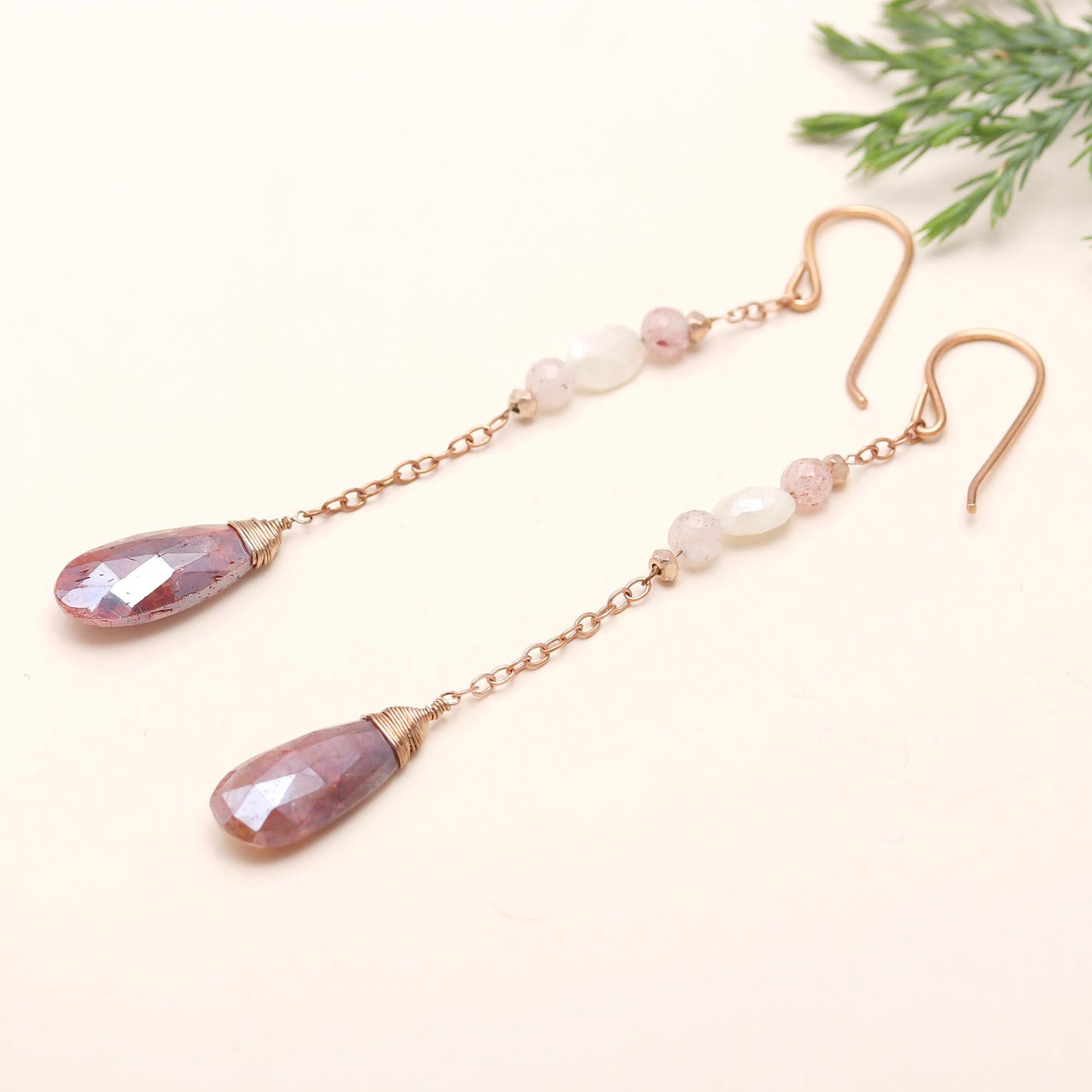 Designer Brass Chain Earrings with Strawberry Quartz and Silverite