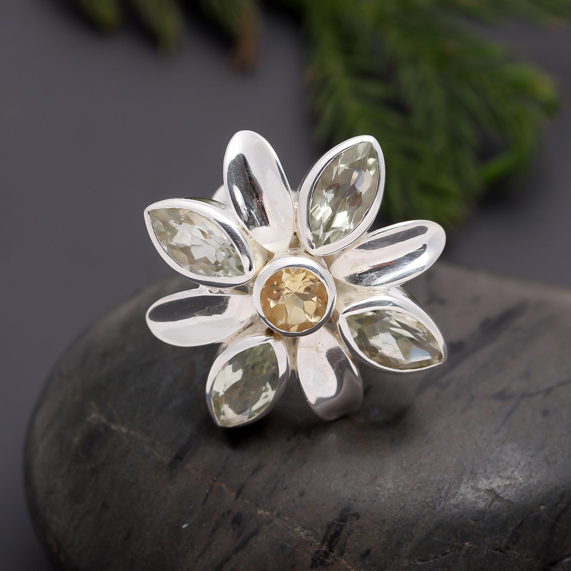 925 Silver Floral Petal Gemstone Ring