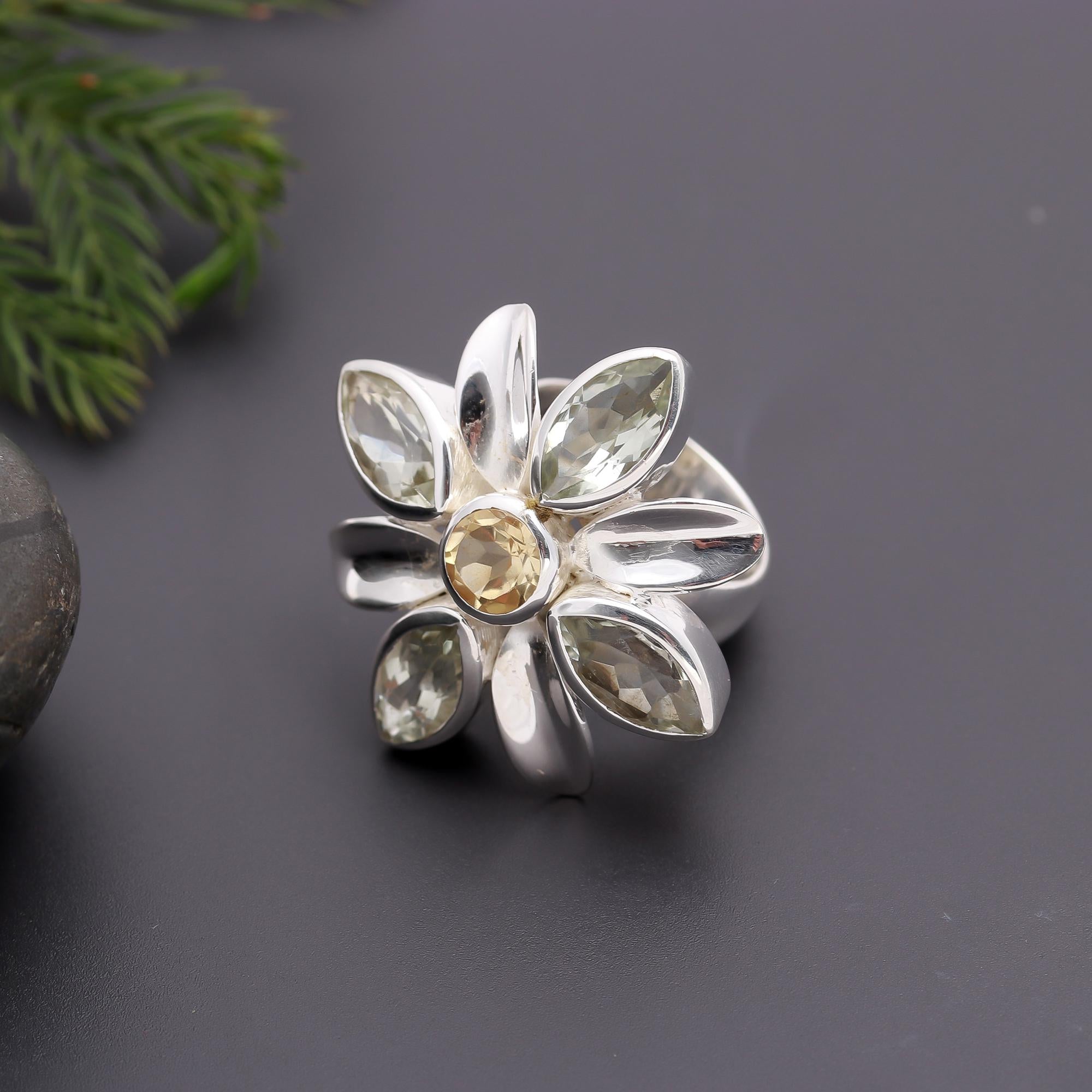 925 Silver Floral Petal Gemstone Ring