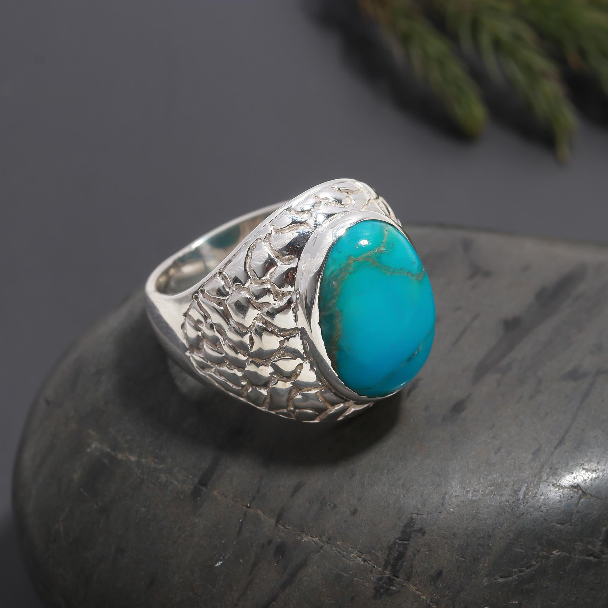 925 Silver Textured Wide-Band Turquoise Ring