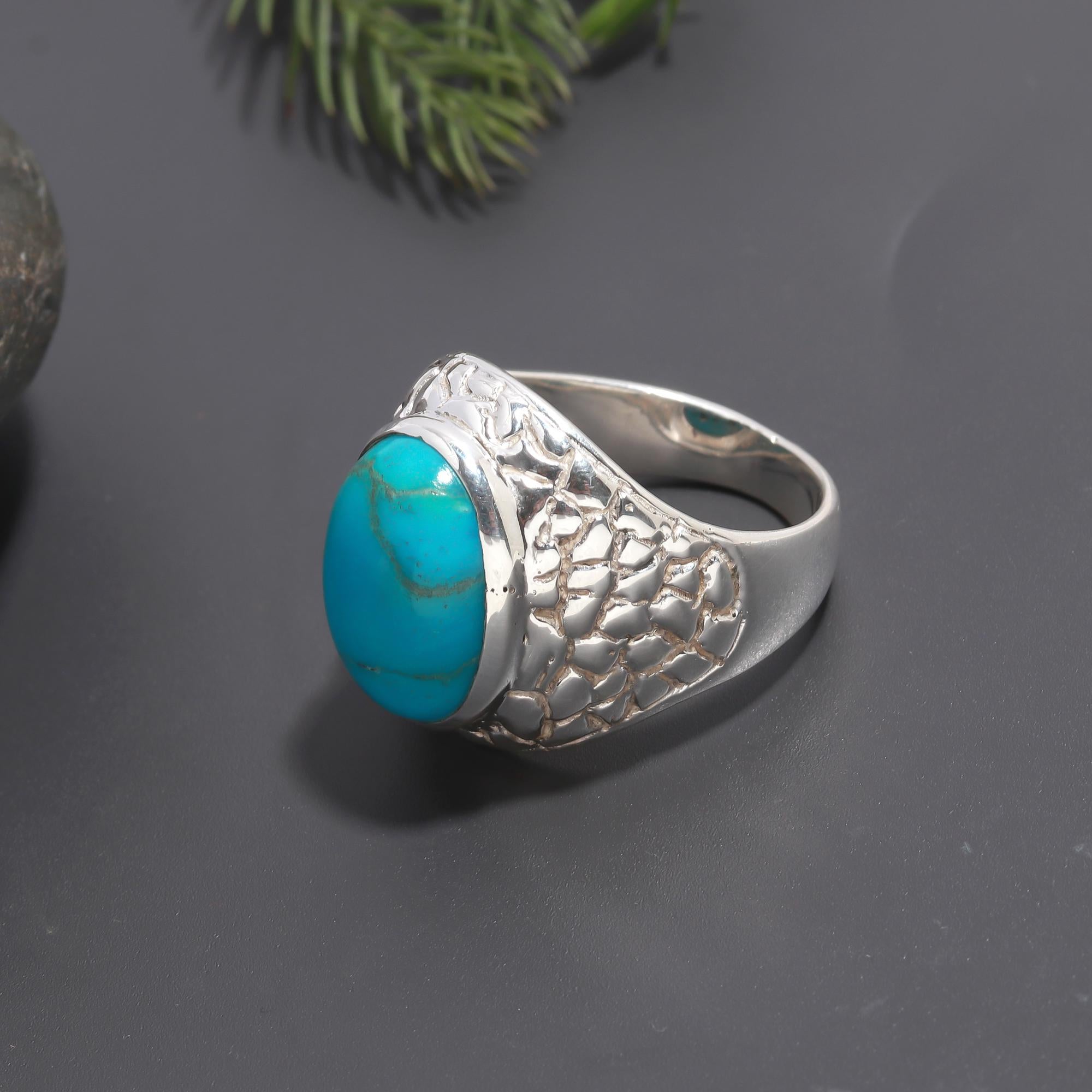 925 Silver Textured Wide-Band Turquoise Ring