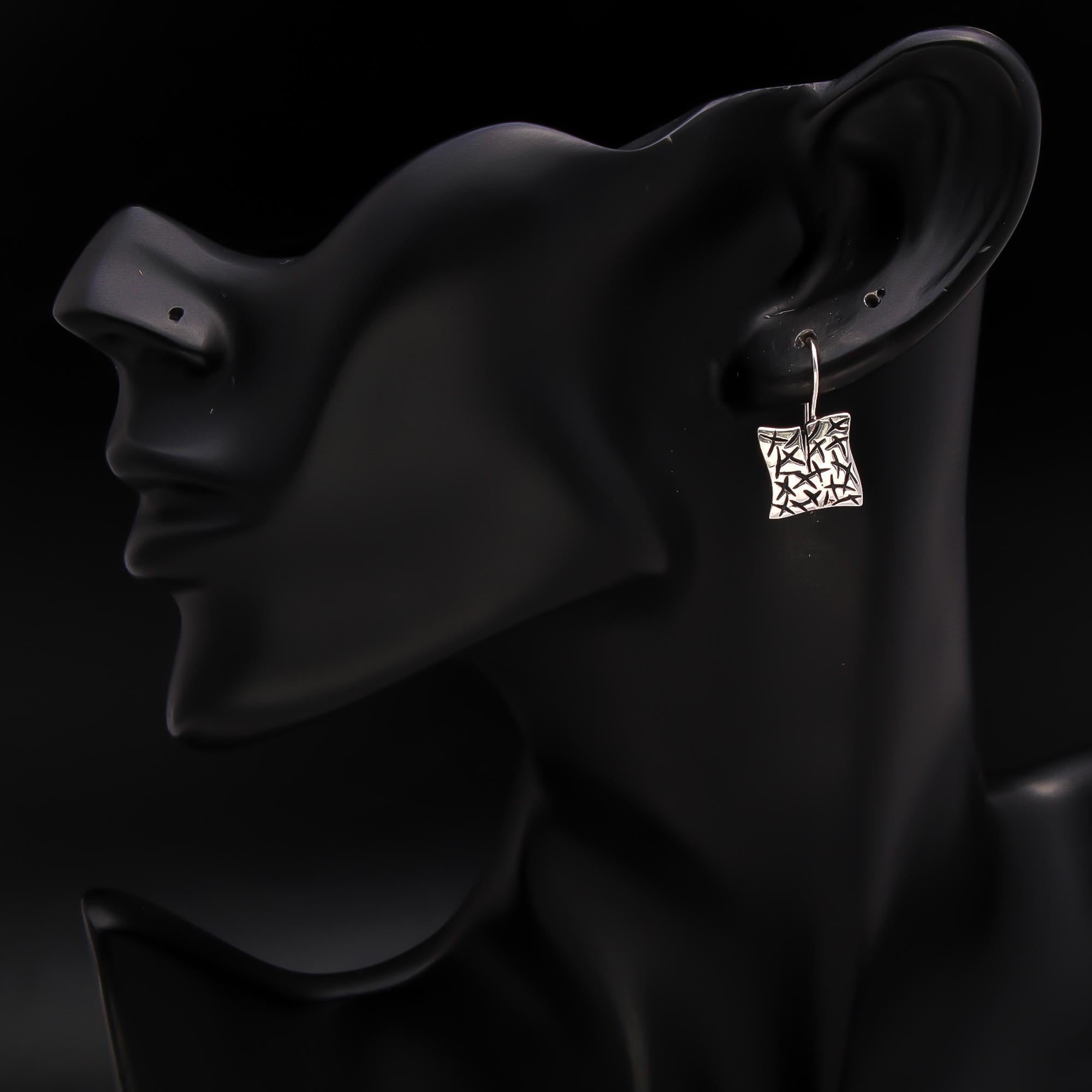 925 Silver Textured Square Drop Earrings