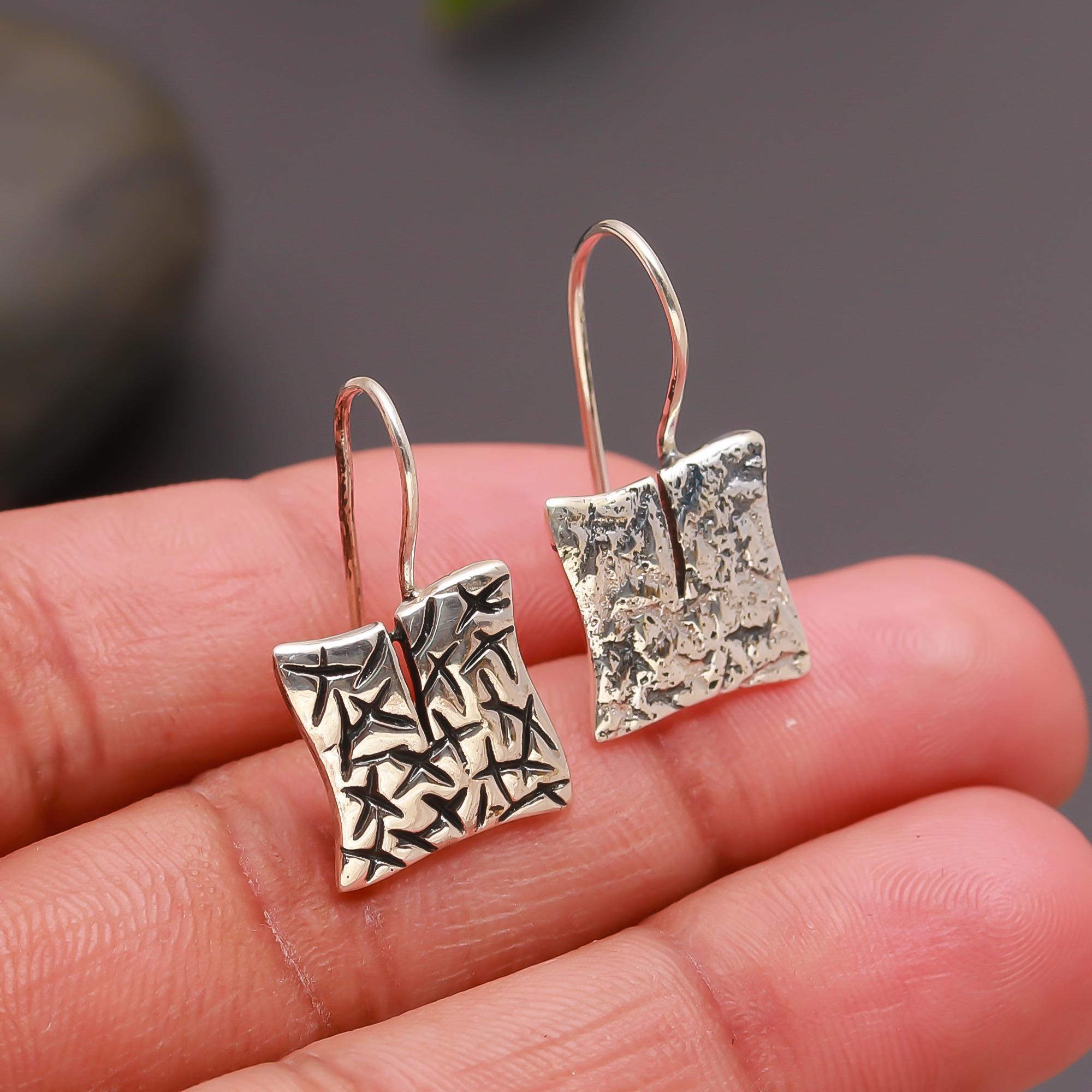 925 Silver Textured Square Drop Earrings