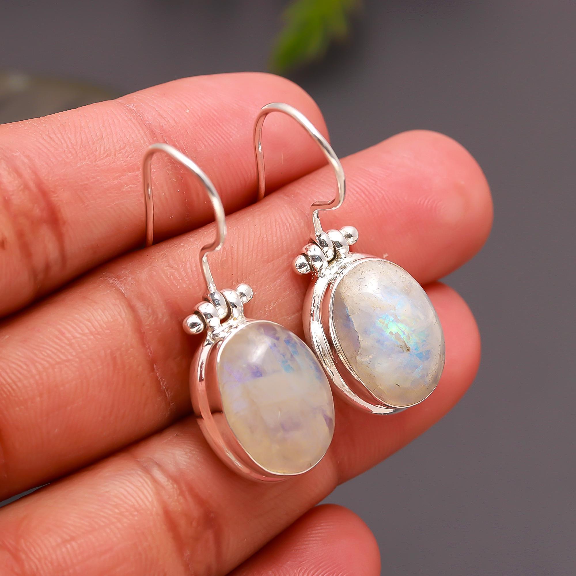 925 Silver Oval Moonstone Drop Earrings