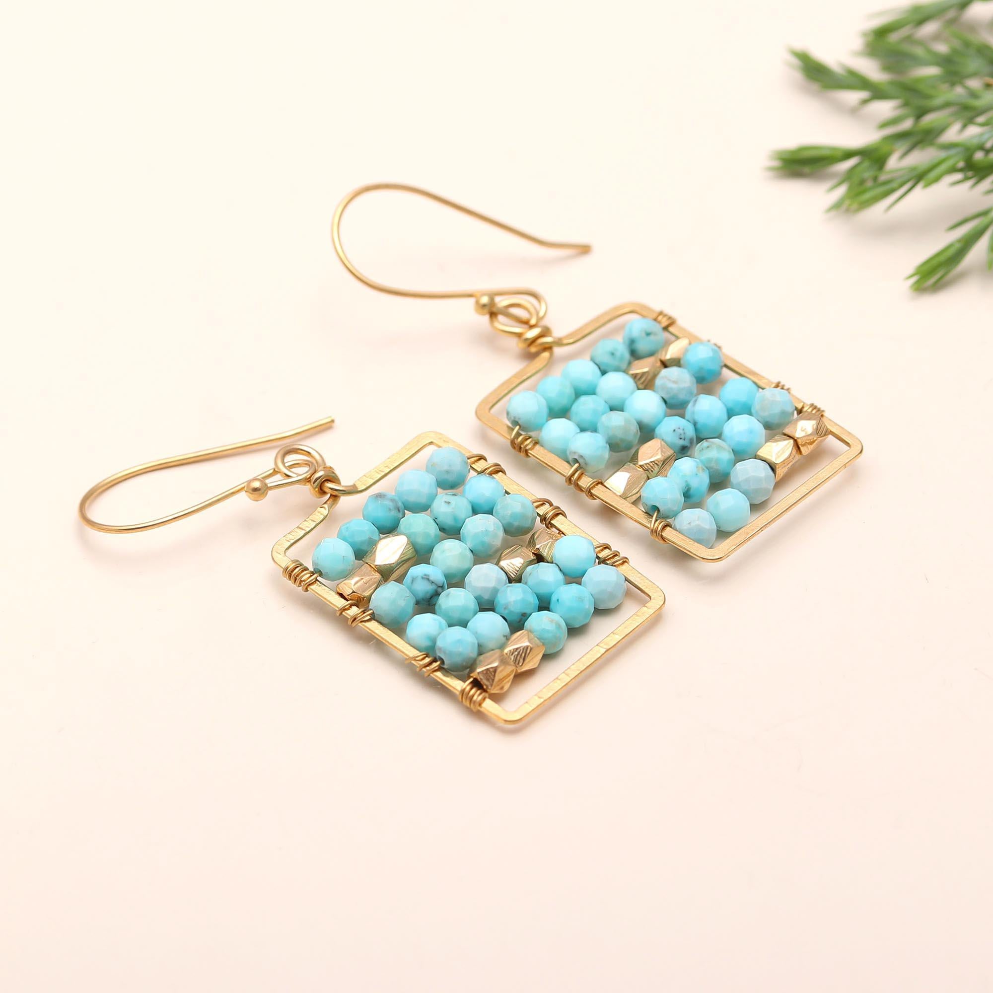 The Azure Mosaic: Beaded Turquoise Wire Earrings