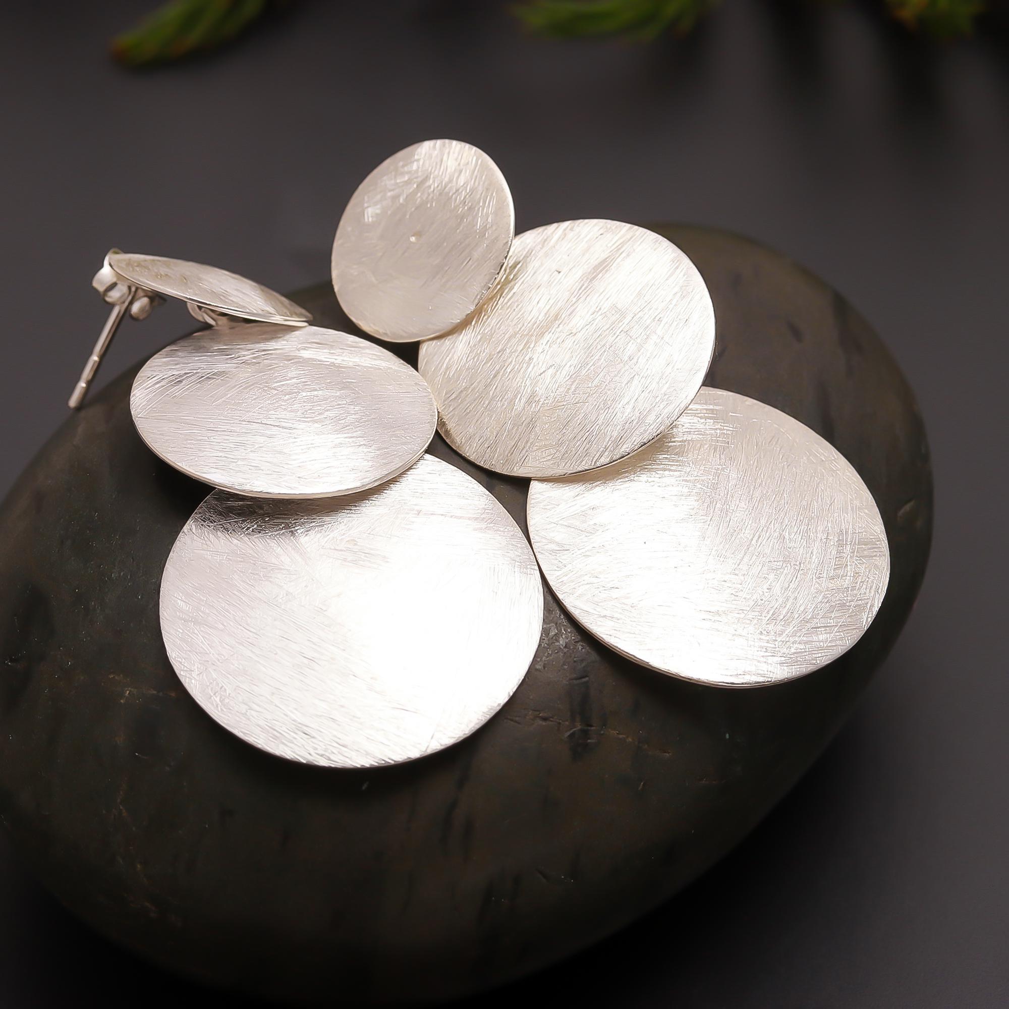 925 Silver Brushed Circle Cascade Earrings