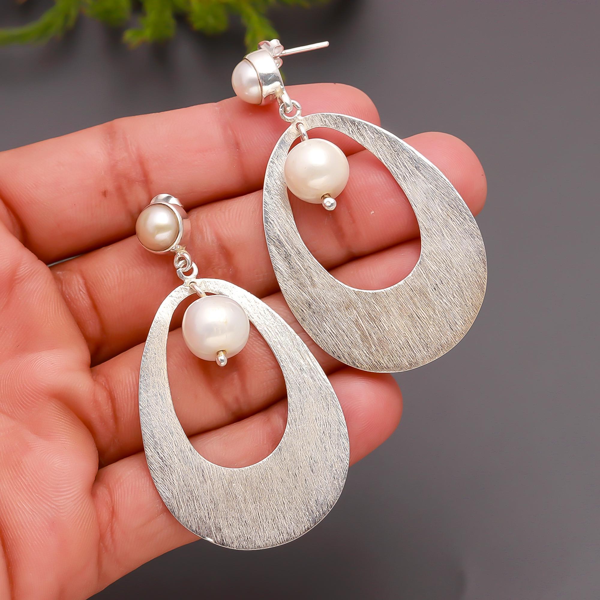 925 Silver Brushed Oval Pearl Drop Earrings