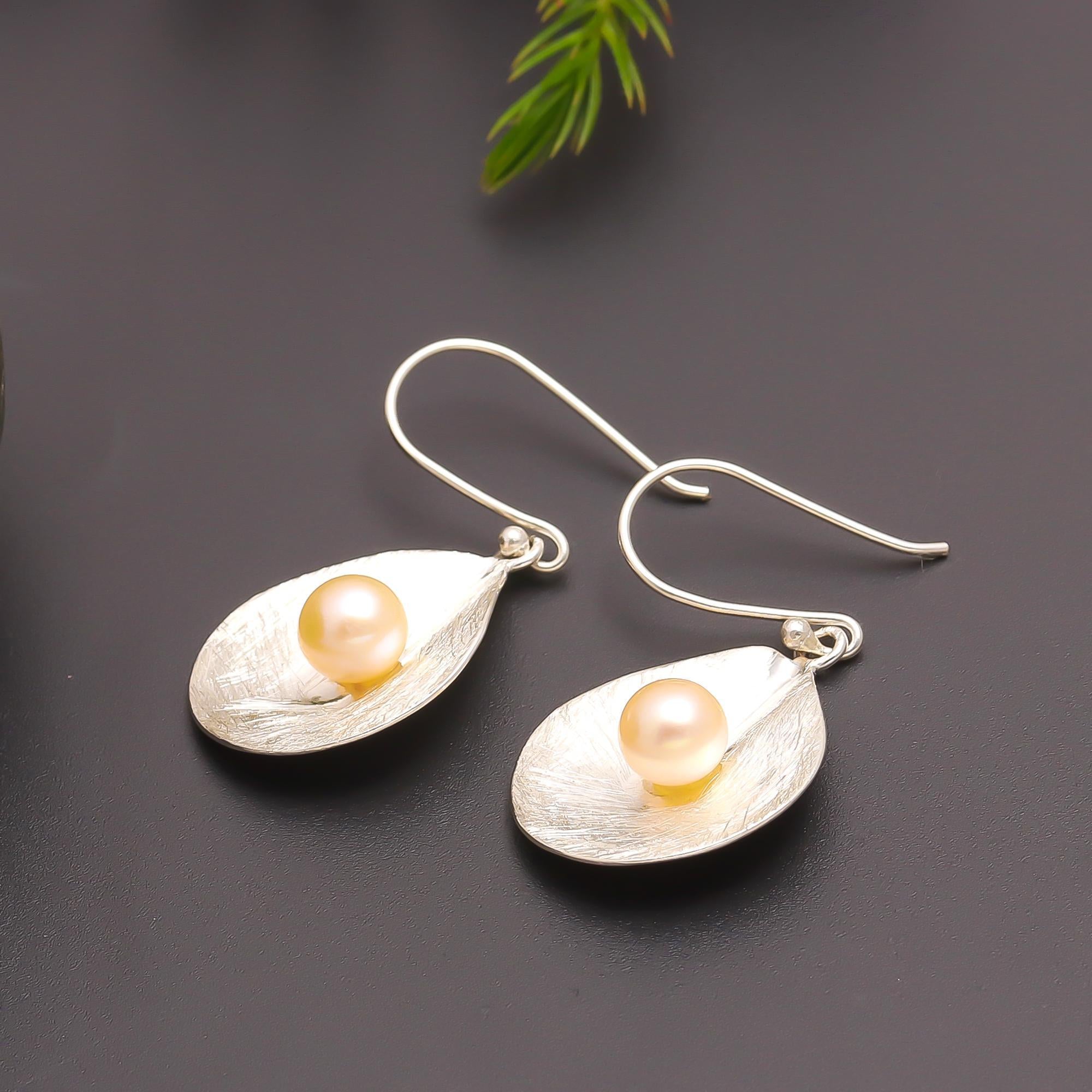 925 Silver Brushed Teardrop Pearl Earrings