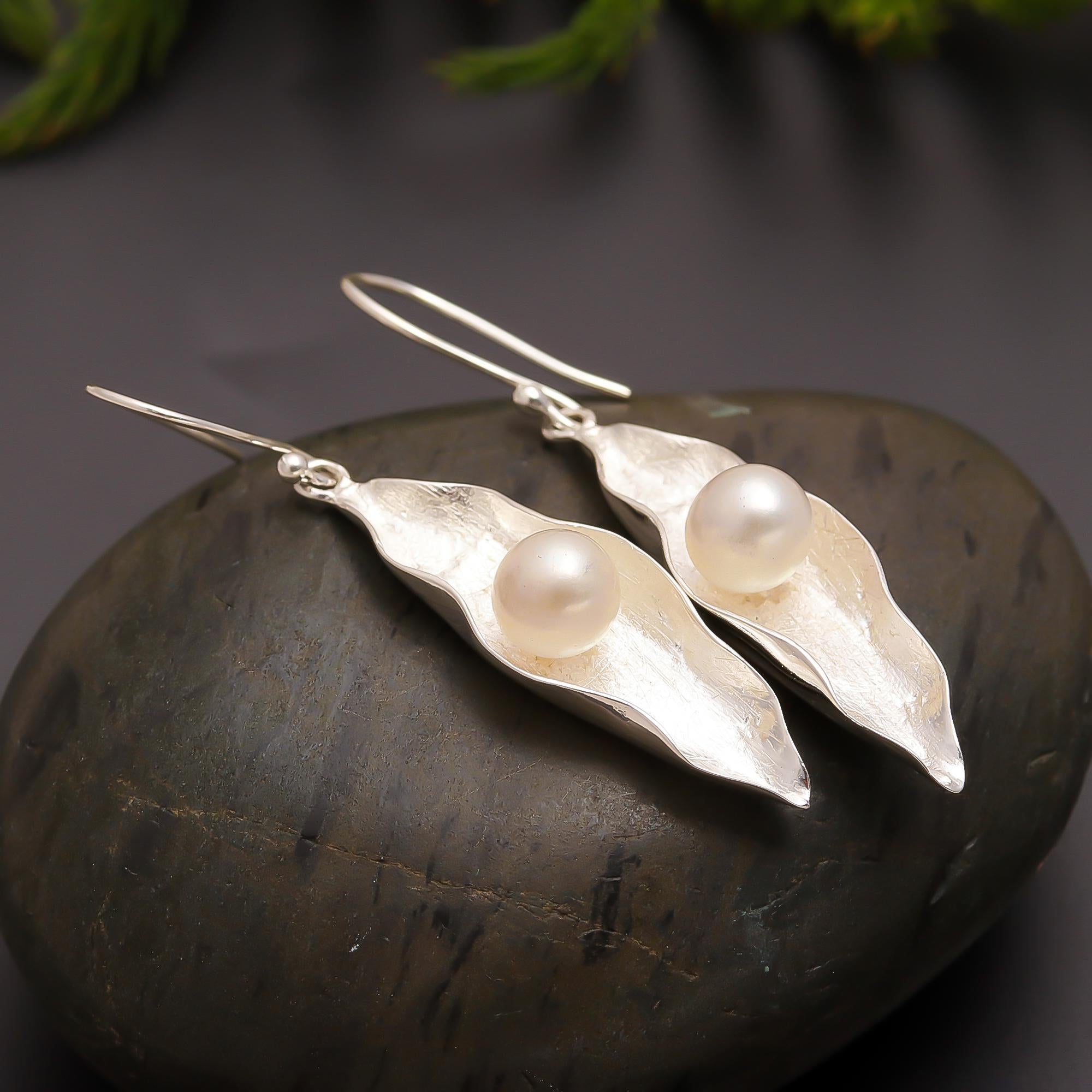 925 Silver Leaf Pod Pearl Drop Earrings