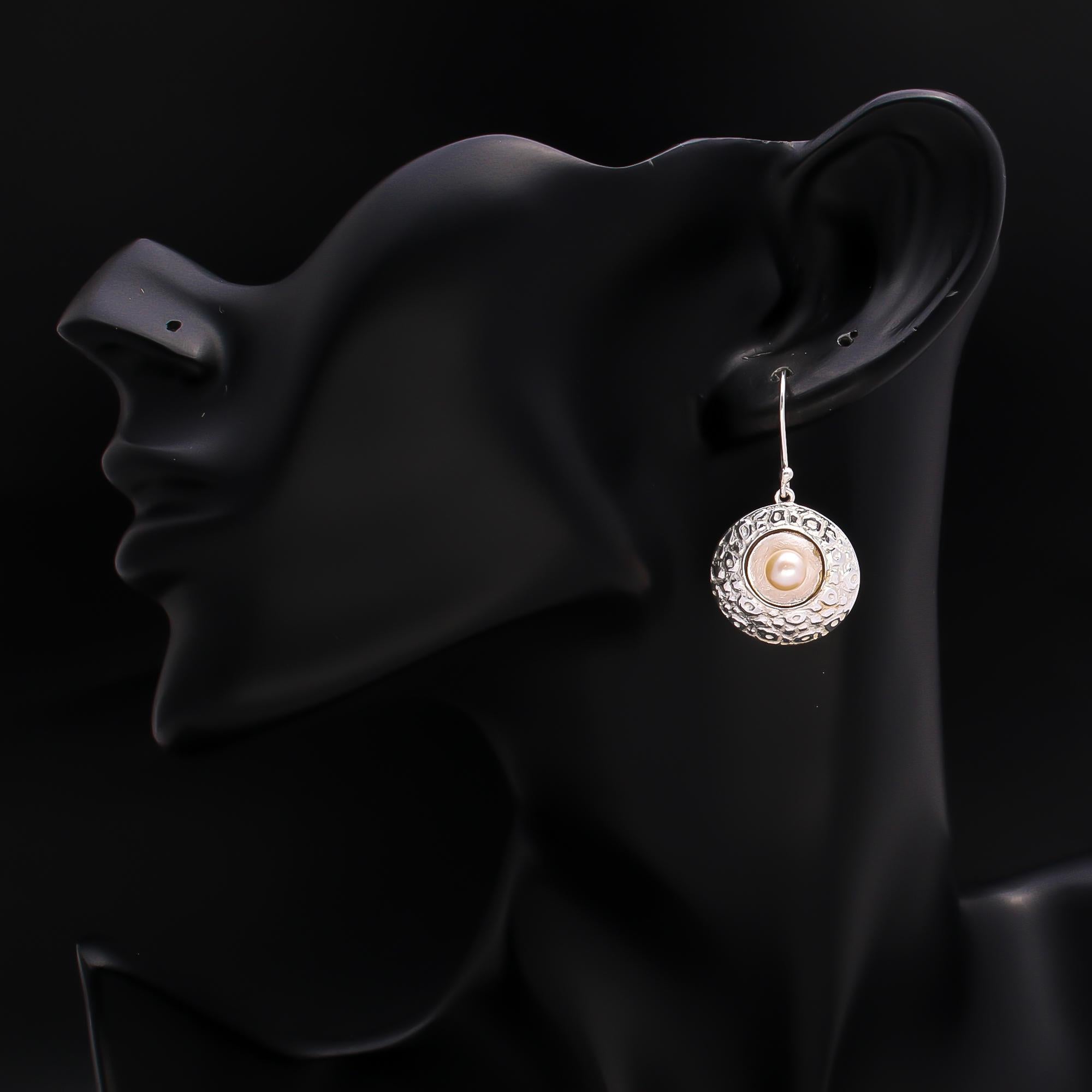 925 Silver Textured Disc Pearl Dangle Earrings