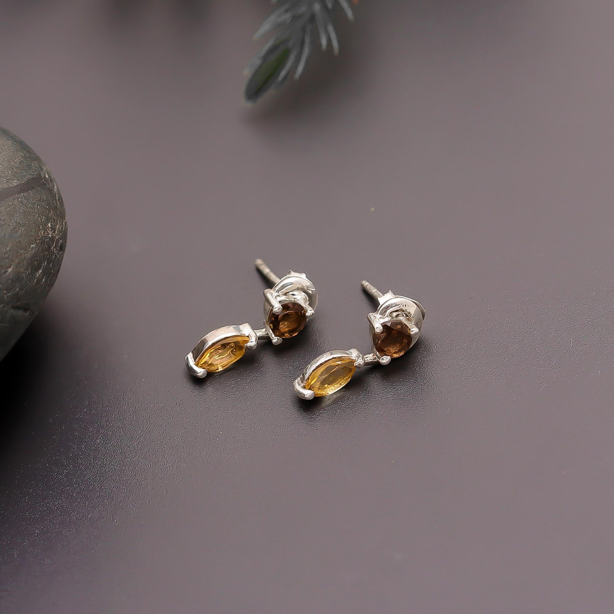 925 Silver Two-Tone Smoky Quartz & Citrine Studs Earrings