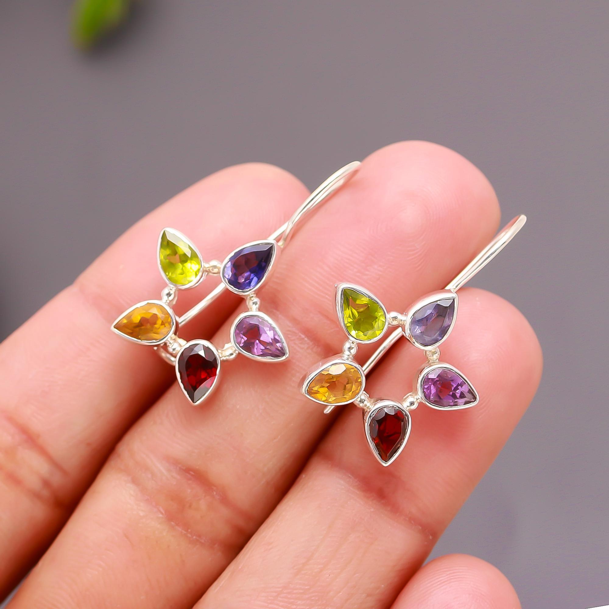 925 Silver Multi-Gemstone Star Drop Earrings