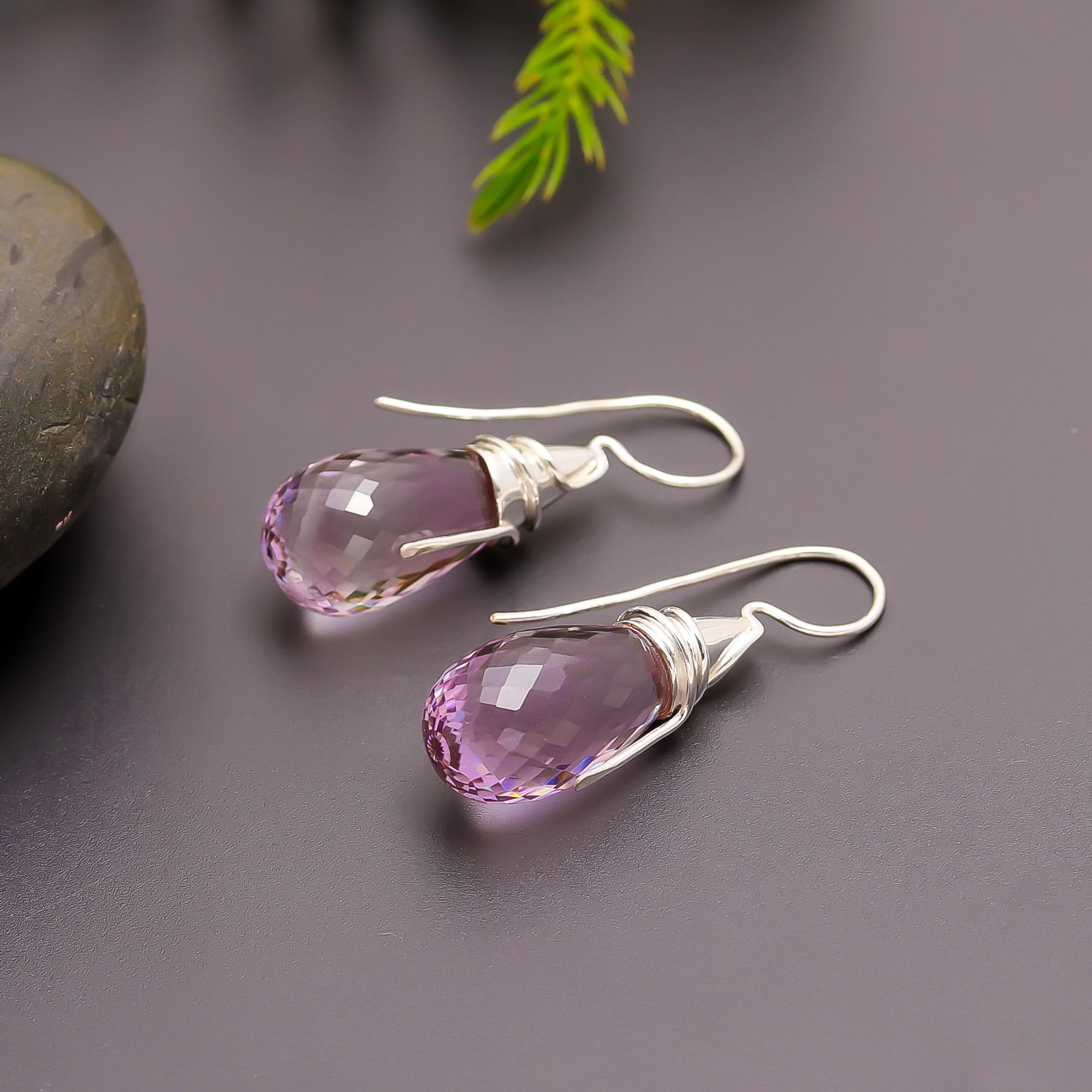 925 Silver Faceted Amethyst Teardrop Earrings