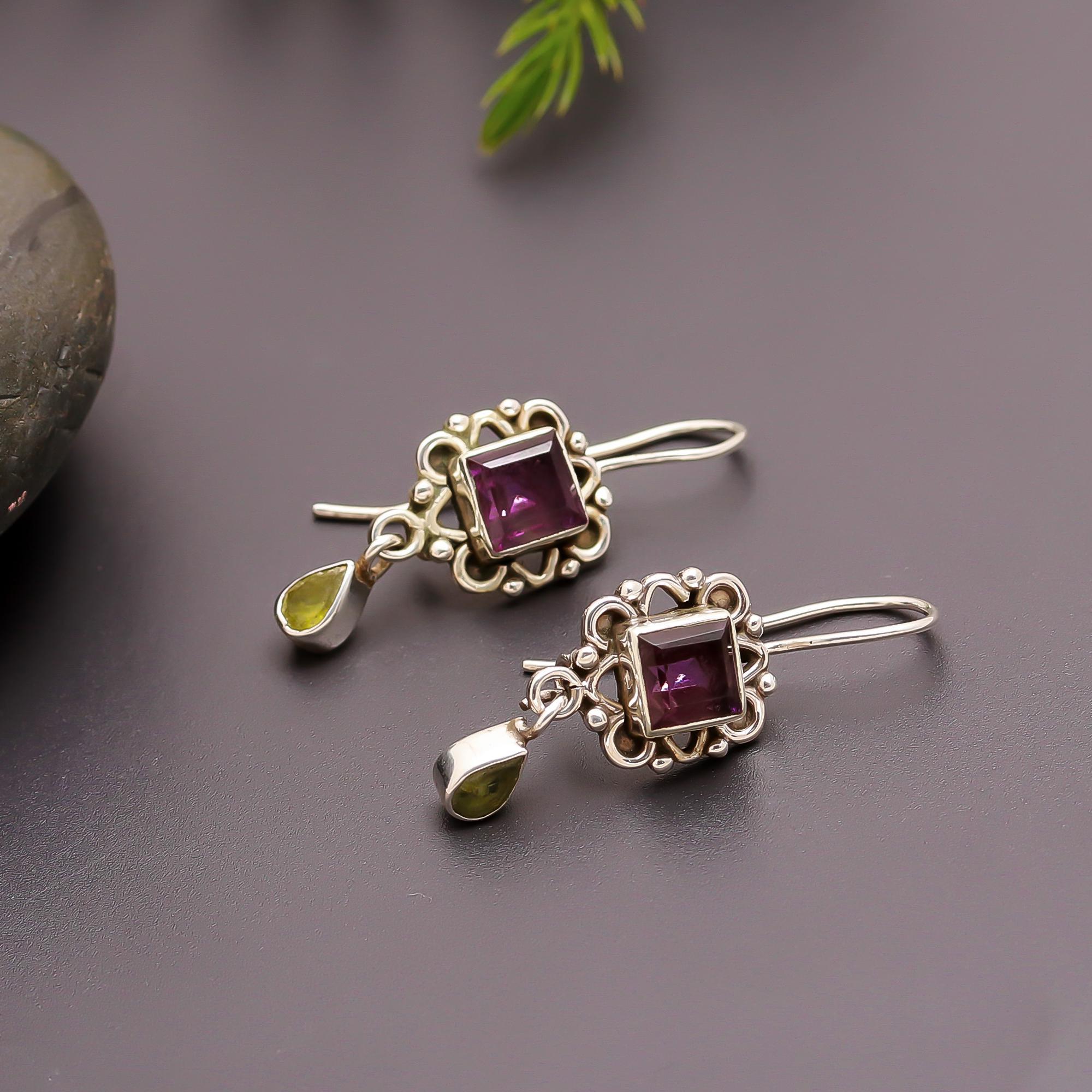 925 Silver Garnet and Peridot Drop Earrings