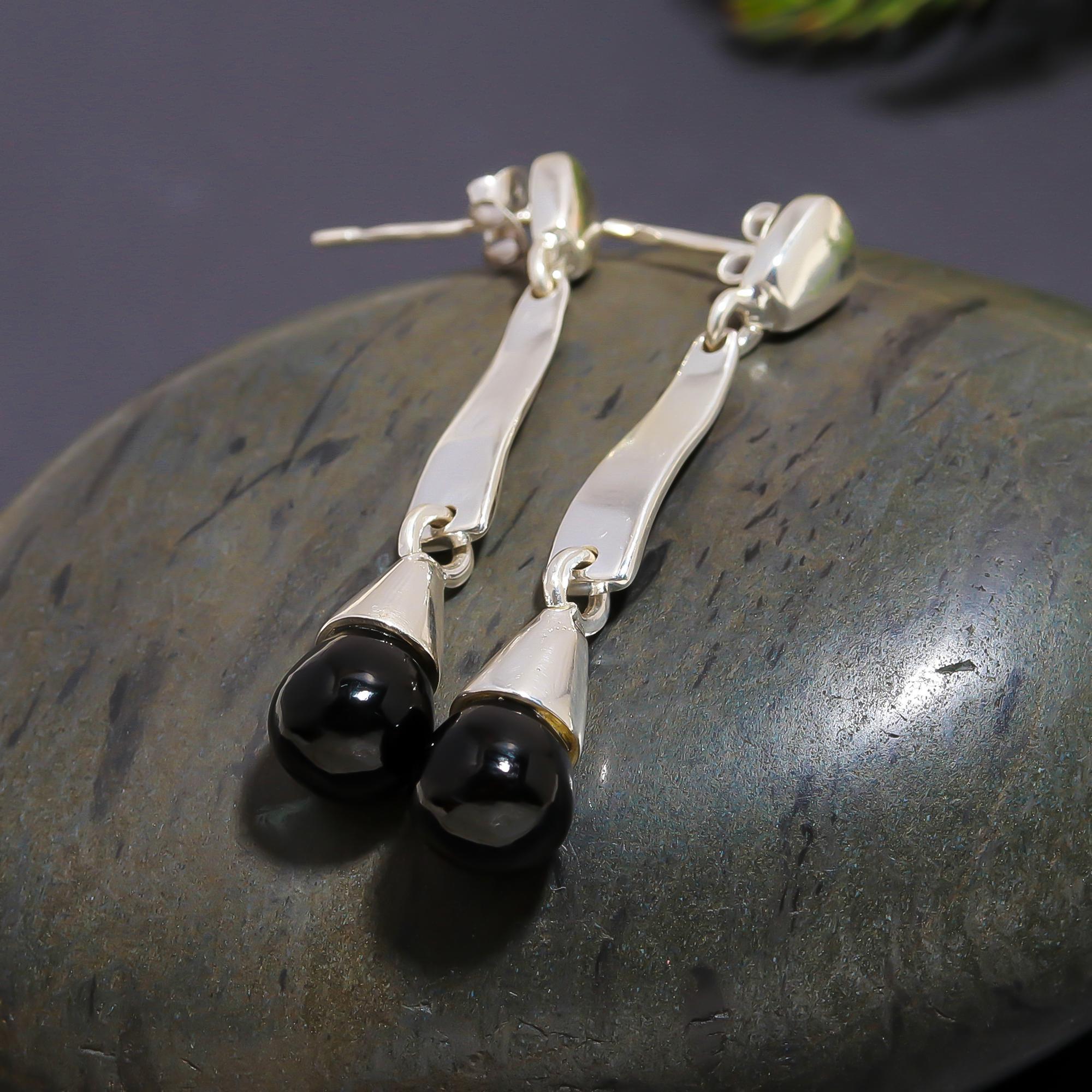 925 Silver Black Onyx Long Drop Earrings