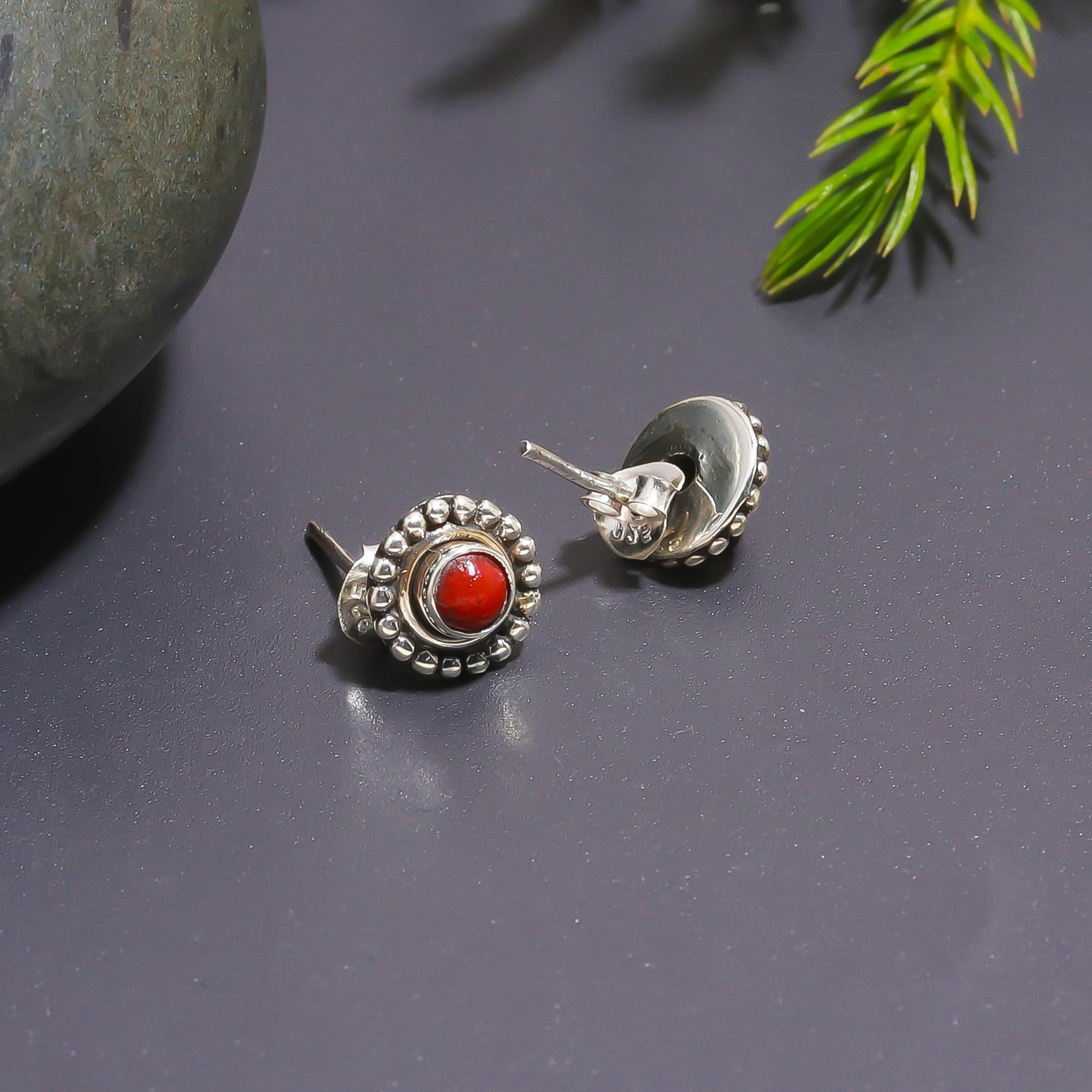 925 Silver Red Coral Beaded Border Stud Earrings