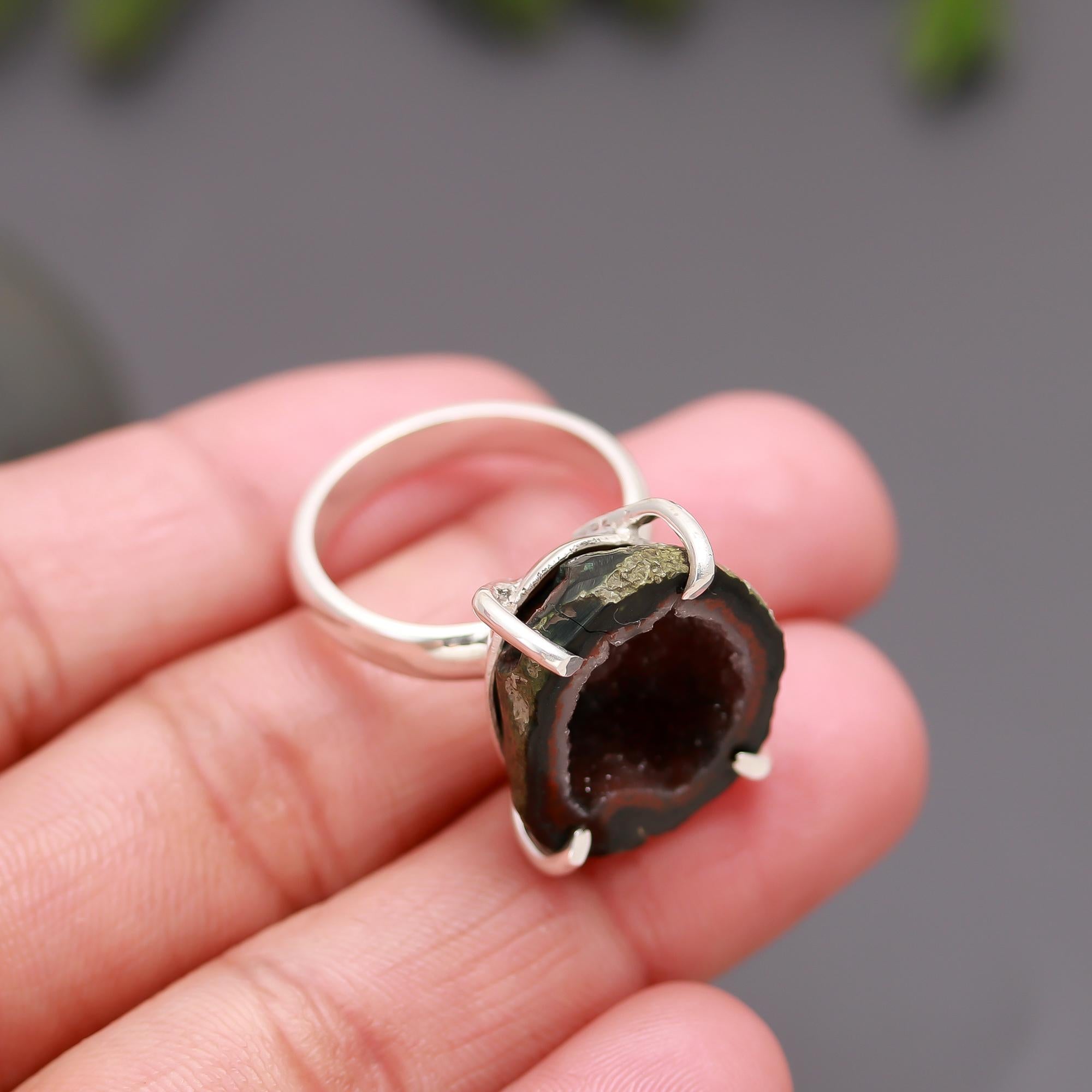 925 Silver Raw Slice Druzy Geode Ring