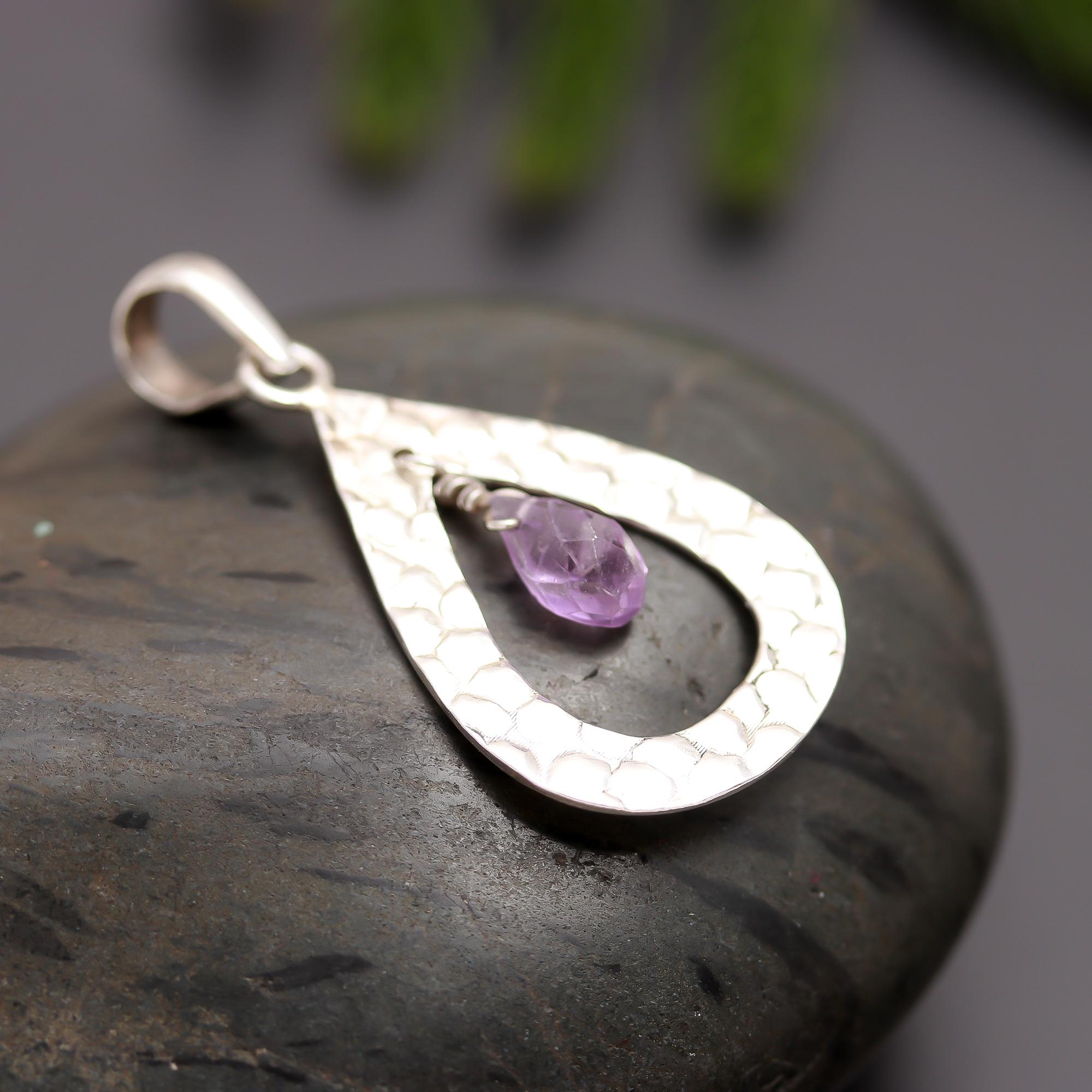 925 Silver Hammered Teardrop Amethyst Drop Pendant