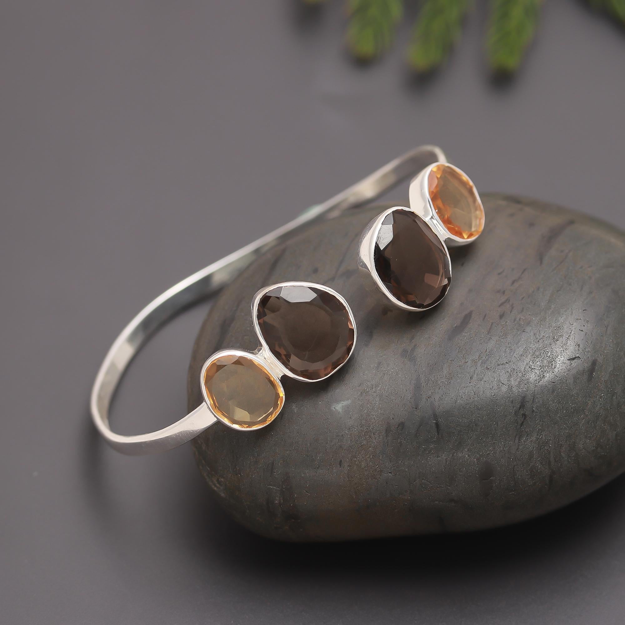 925 Silver Smoky Quartz & Citrine Cuff Bracelet