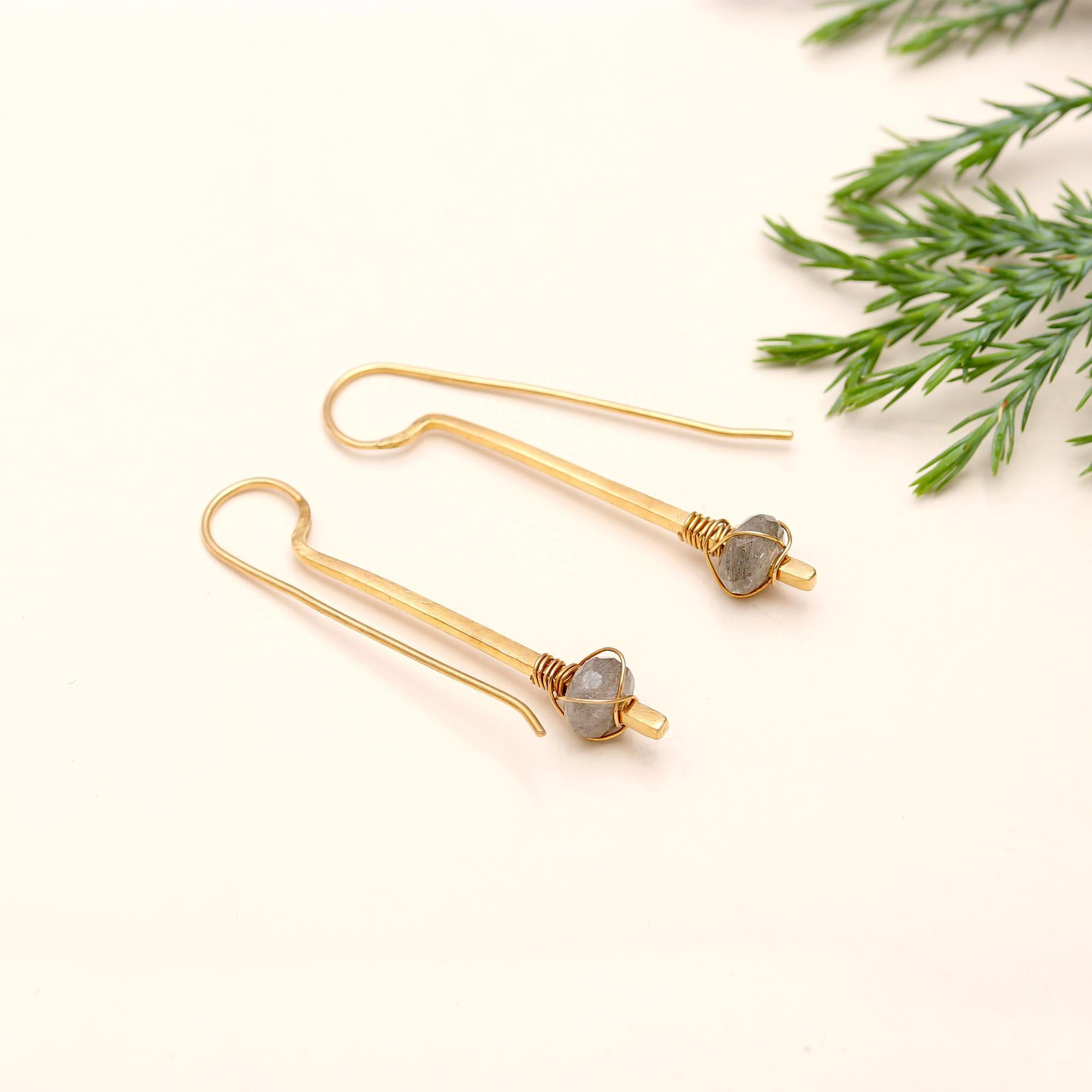 The Grey Mist: Labradorite & Gold Long Wire Earrings