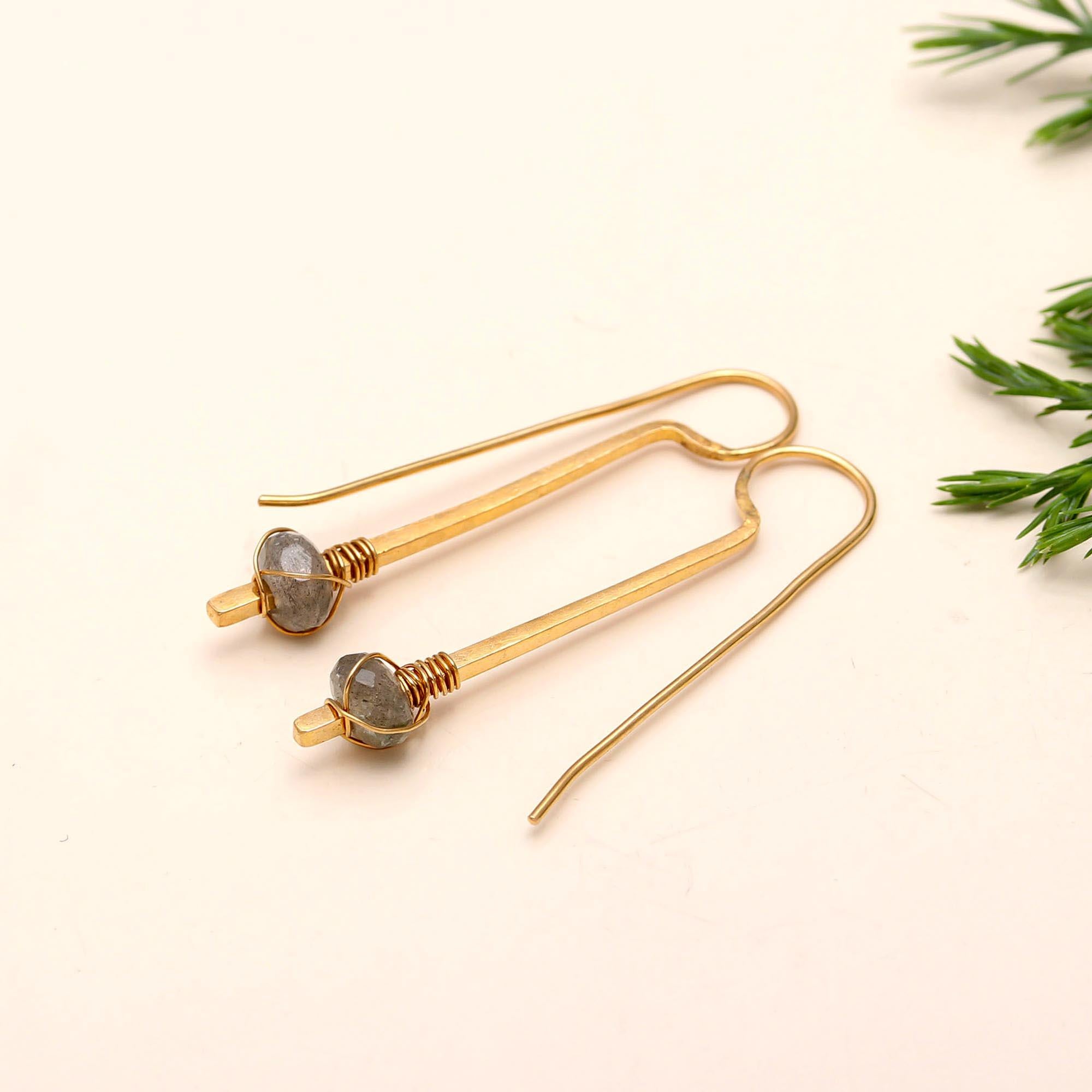 The Grey Mist: Labradorite & Gold Long Wire Earrings